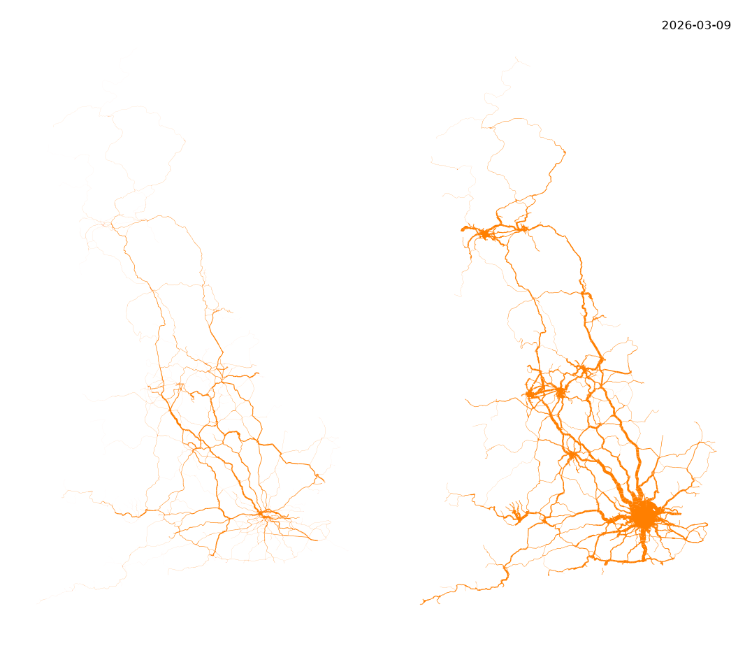 A map with orange lines representing heavy railway freight (left) and passenger services (right) with width proportional to the aggregated number of timetabled services that operated on week of 9 March 2026.