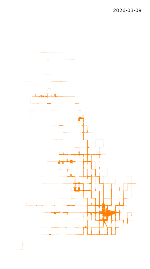 A map with orange lines representing heavy railway freight (left) and passenger services (right) with width proportional to the aggregated number of timetabled services that operated on week of 9 March 2026.