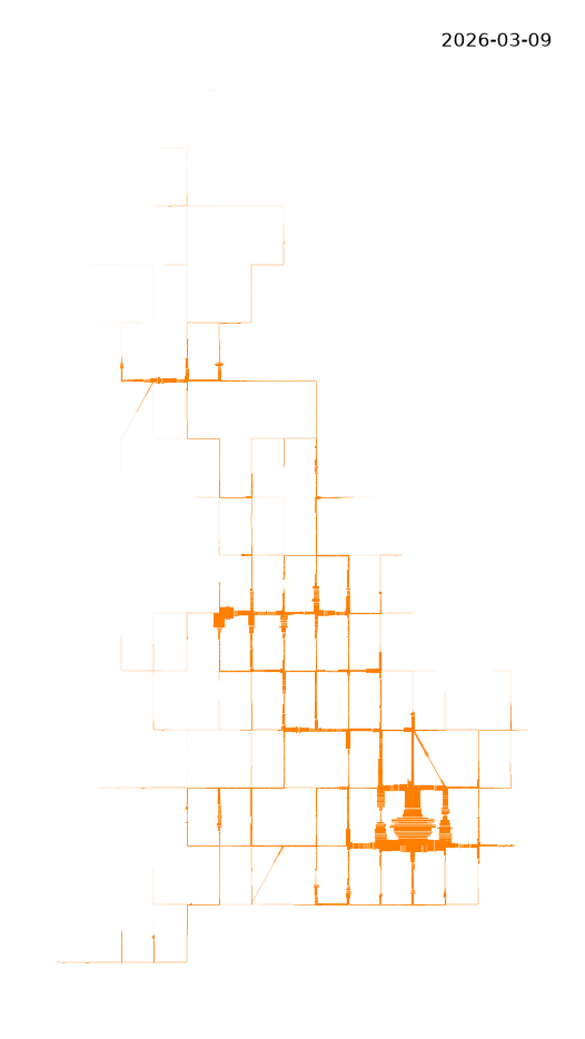 A map with orange lines representing heavy railway freight (left) and passenger services (right) with width proportional to the aggregated number of timetabled services that operated on week of 9 March 2026.