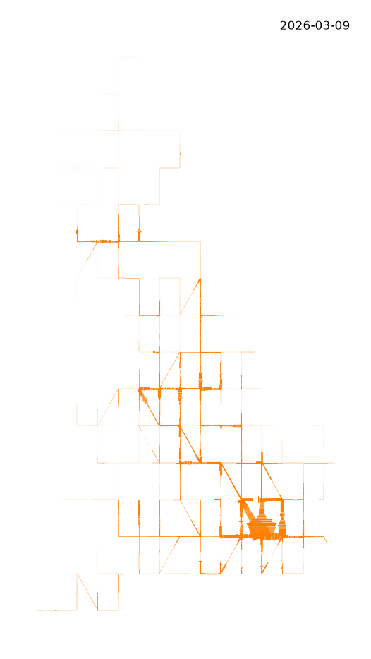 A map with orange lines representing heavy railway freight (left) and passenger services (right) with width proportional to the aggregated number of timetabled services that operated on week of 9 March 2026.