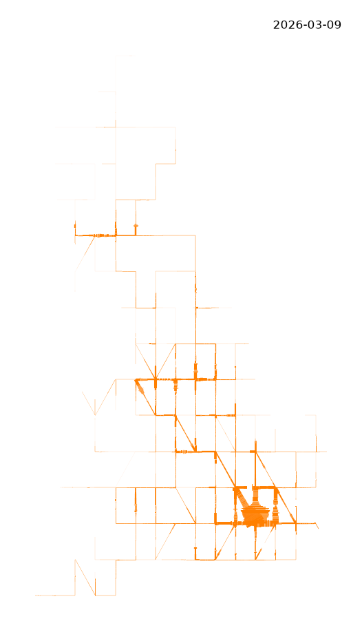 A map with orange lines representing heavy railway freight (left) and passenger services (right) with width proportional to the aggregated number of timetabled services that operated on week of 9 March 2026.