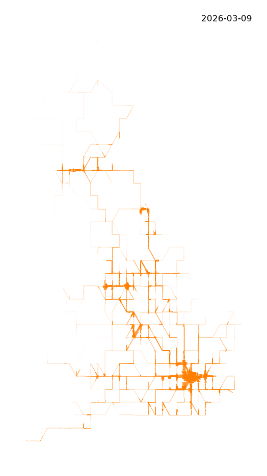 A map with orange lines representing heavy railway freight (left) and passenger services (right) with width proportional to the aggregated number of timetabled services that operated on week of 9 March 2026.