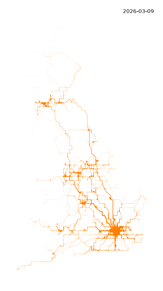 A map with orange lines representing heavy railway freight (left) and passenger services (right) with width proportional to the aggregated number of timetabled services that operated on week of 9 March 2026.
