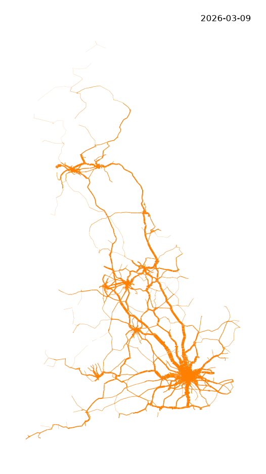 A map with orange lines representing heavy railway freight (left) and passenger services (right) with width proportional to the aggregated number of timetabled services that operated on week of 9 March 2026.