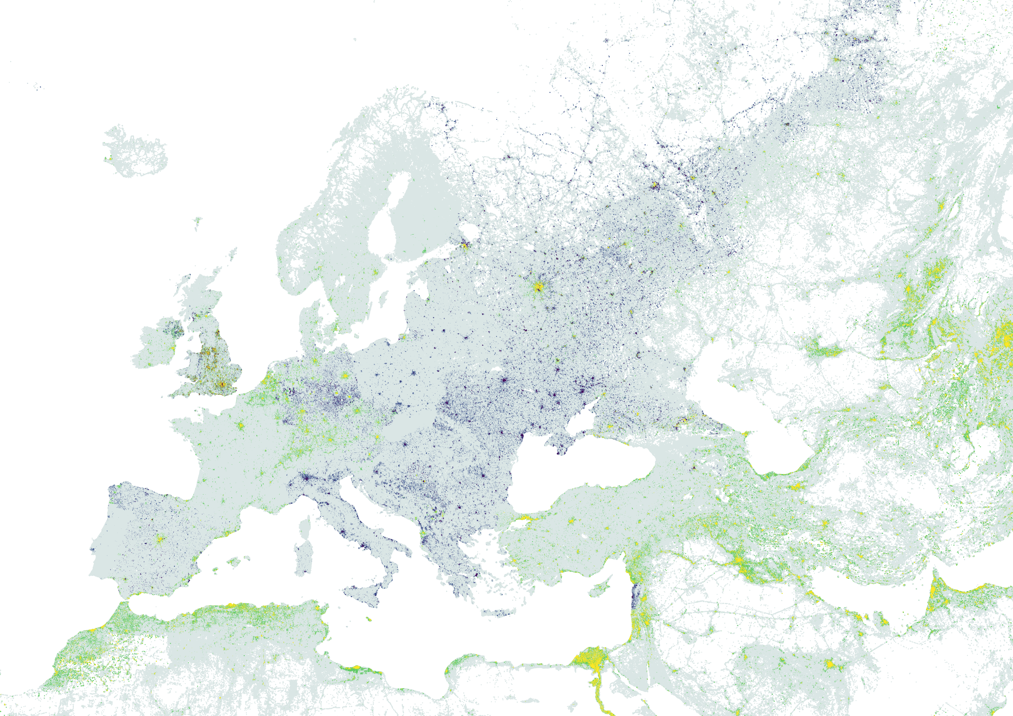 A Eurocentric "world" map based on the EPSG:3034 equal area projection showing population change between 2020 and 2030 based on WorldPop data. White is areas of low or no population, the colour is then in population per km² with purple > -100*, grey between -10 and 10, green > 10, yellow > 100* that is a reduction