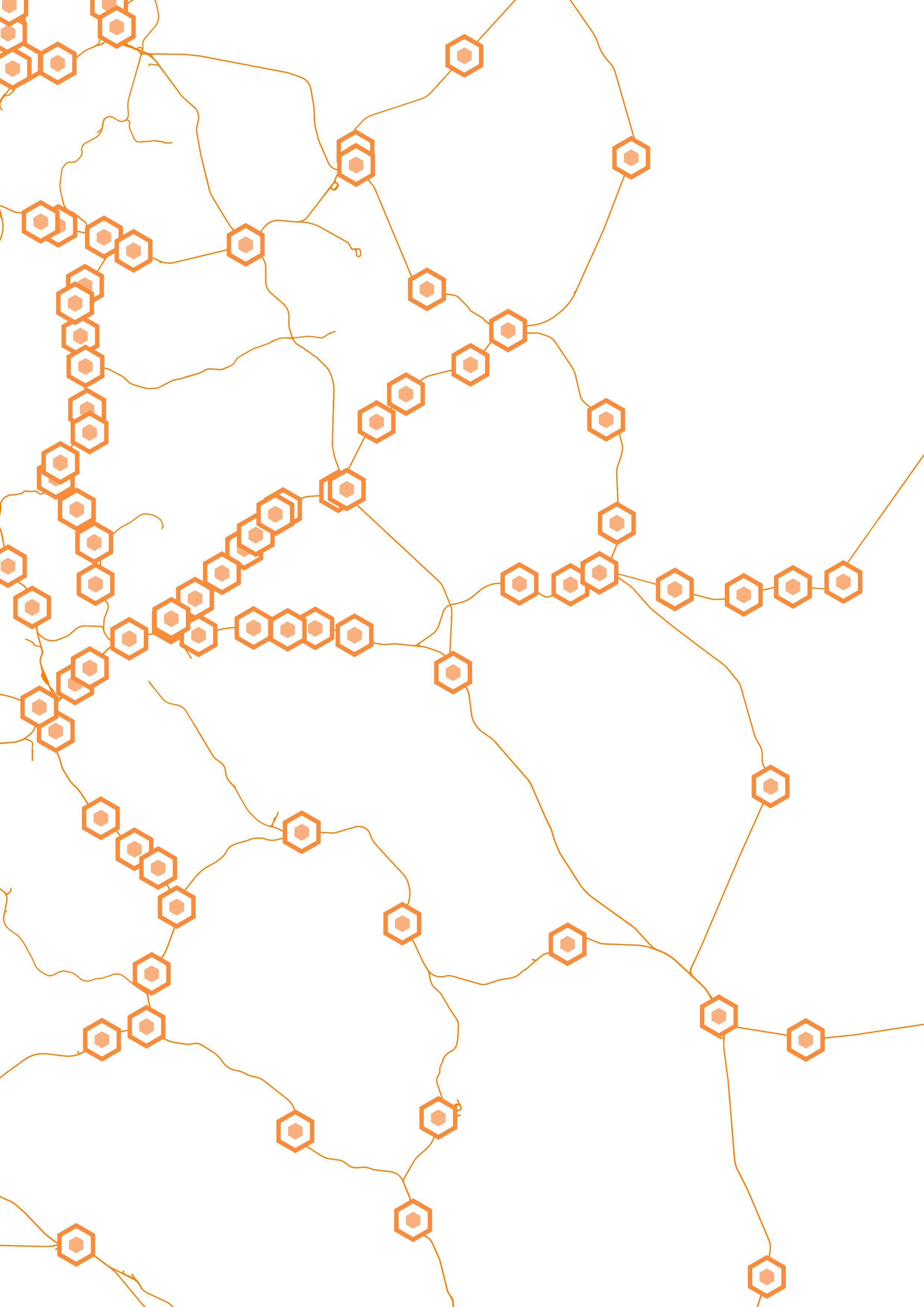 A map showing the heavy rail network model as orange lines with stations as layers orange hexagons. The map centred on the East Coast Main Line between South Yorkshire and the Fens