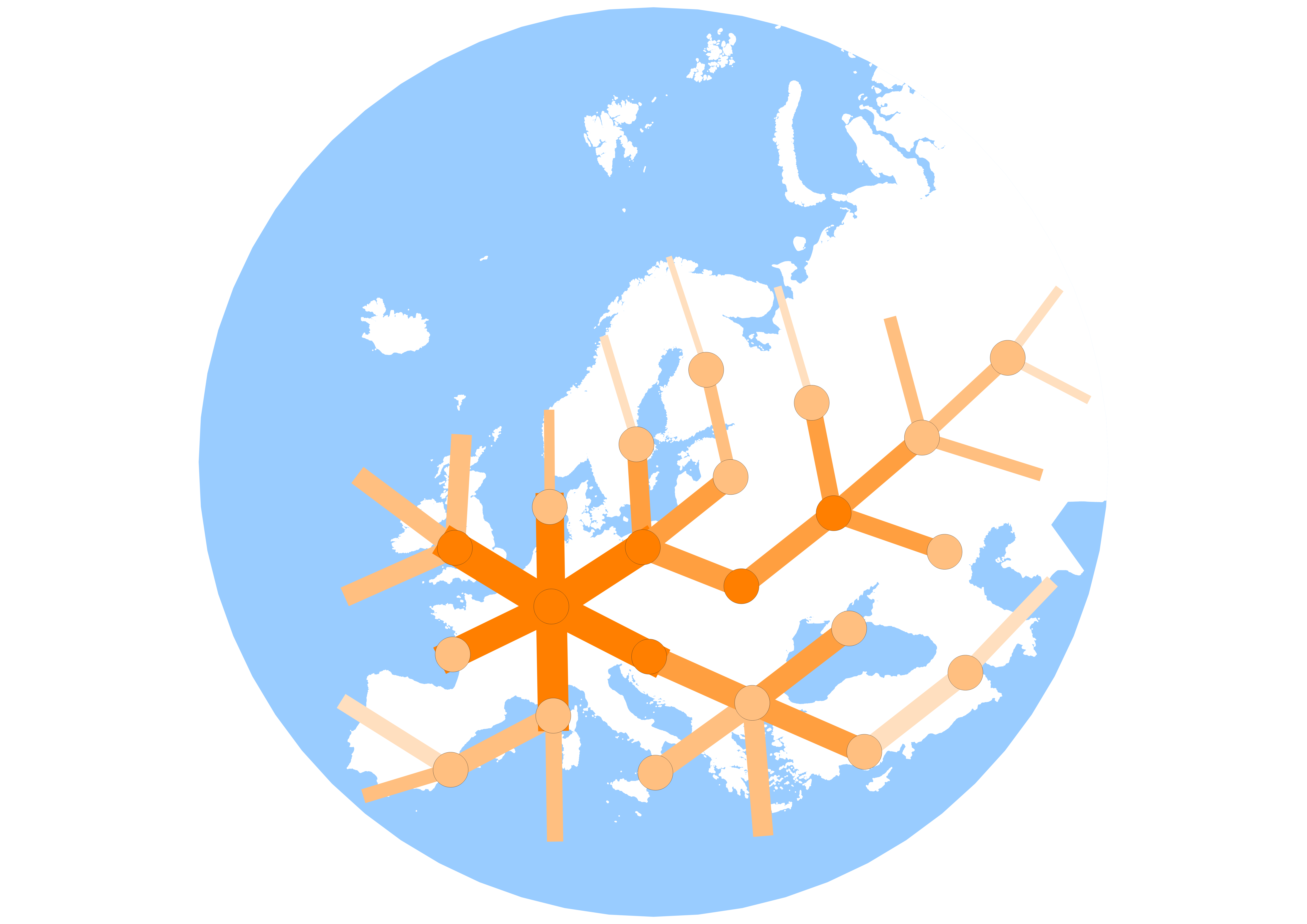 A map of Europe showing a theoretical high-speed rail network based on population distribution. The high-speed lines are drawn in orange between population centres with colour and line width proportional to the number of people who would use that route based on aggregating WorldPop population data into a coarse set of h3 hexagons