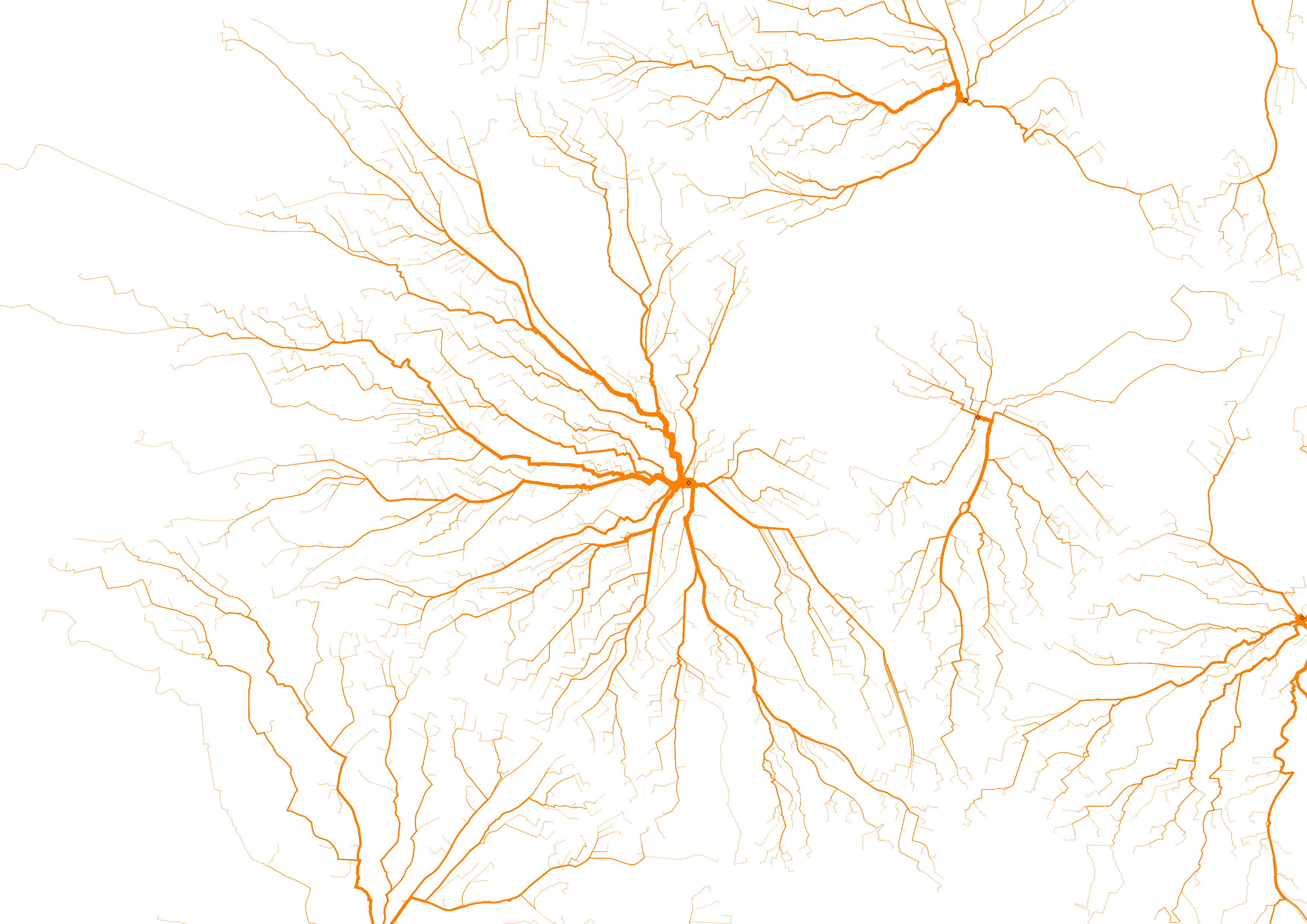A map showing the shortest walking routes from the 2021 census Output Area locations to the stations near Sheffield, with Sheffield in the centre as orange lines. The line width is proportional to the aggregated population and the routes are based on based on the OpenStreetMap path and road data.