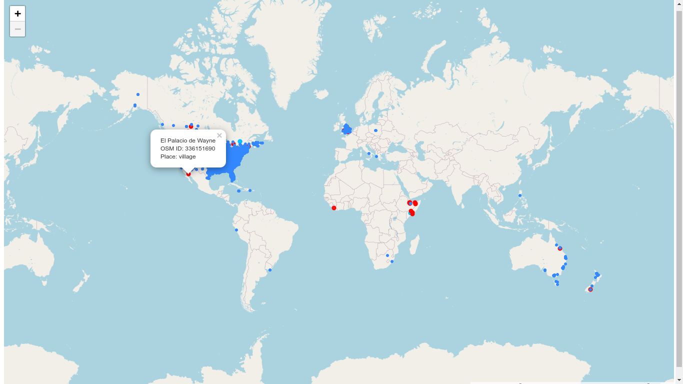 A global map of the world showing places called "Wayne" as points. Blue points correspond to streets, purple points correspond to political boundaries and red points correspond to geographical features