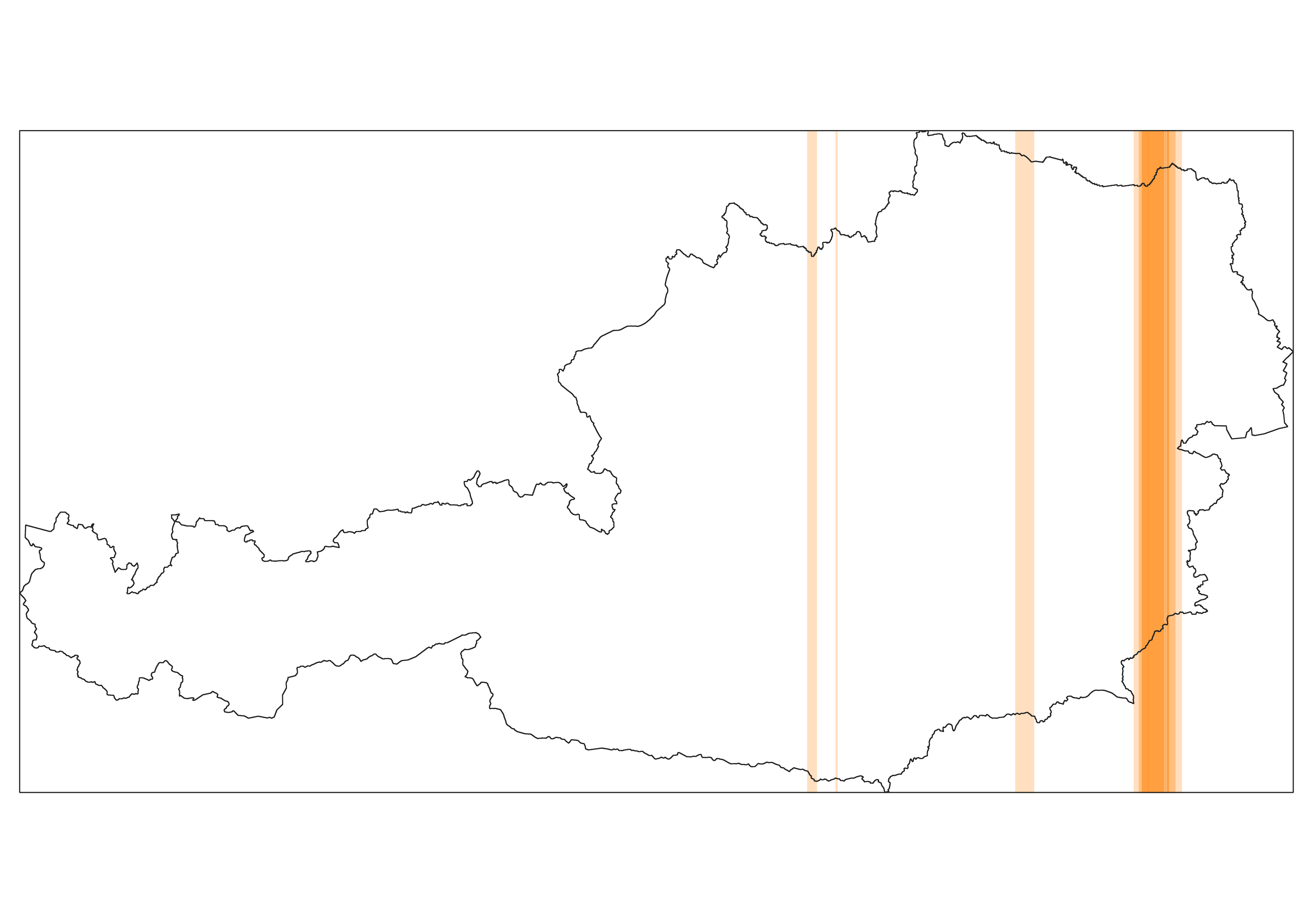 A map of Austria showing the political boundary in black with population orange colour density proportional to the fraction of total population in 100m North-to-South bands