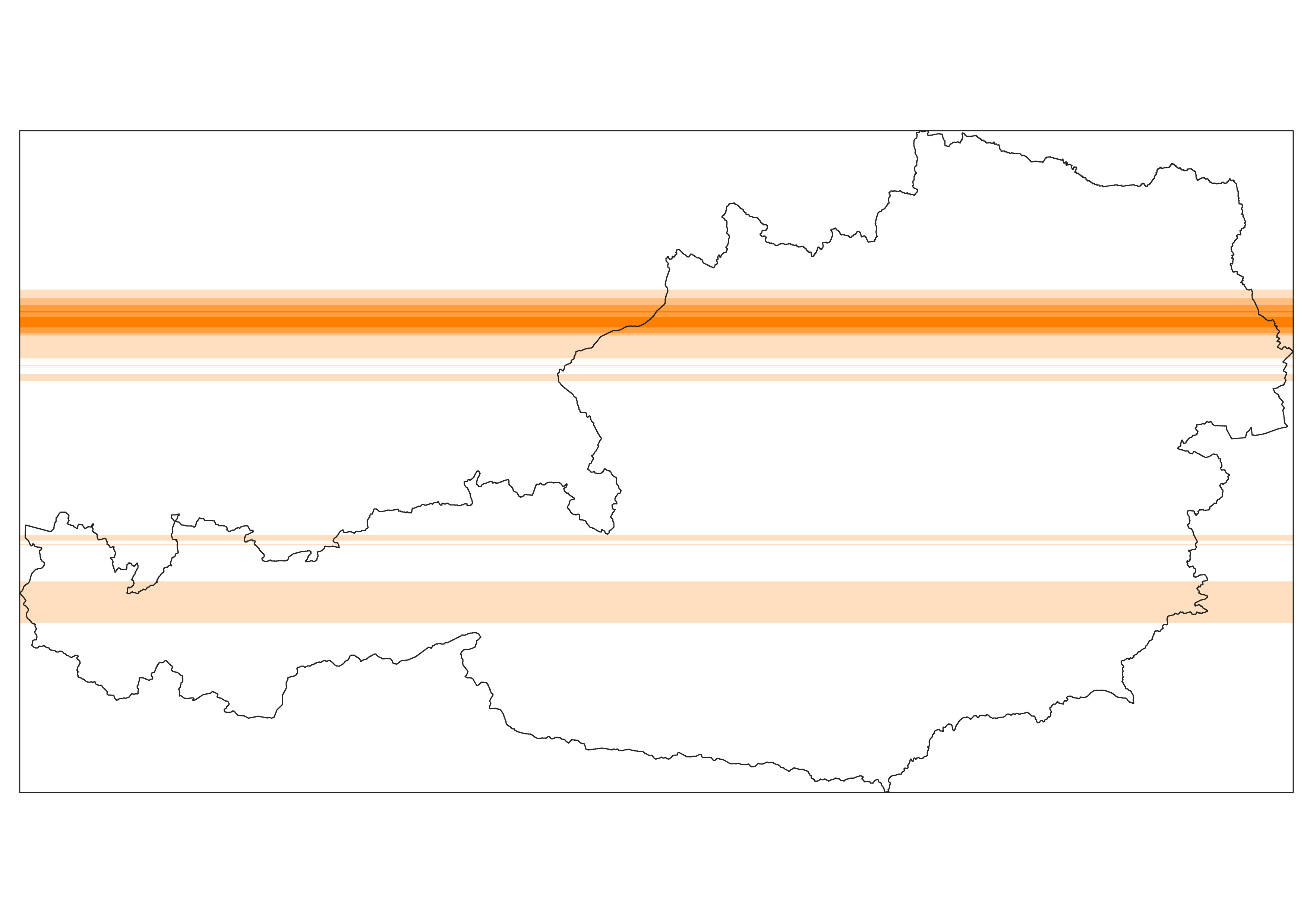 A map of Austria showing the political boundary in black with population orange colour density proportional to the fraction of total population in 100m East-to-West bands