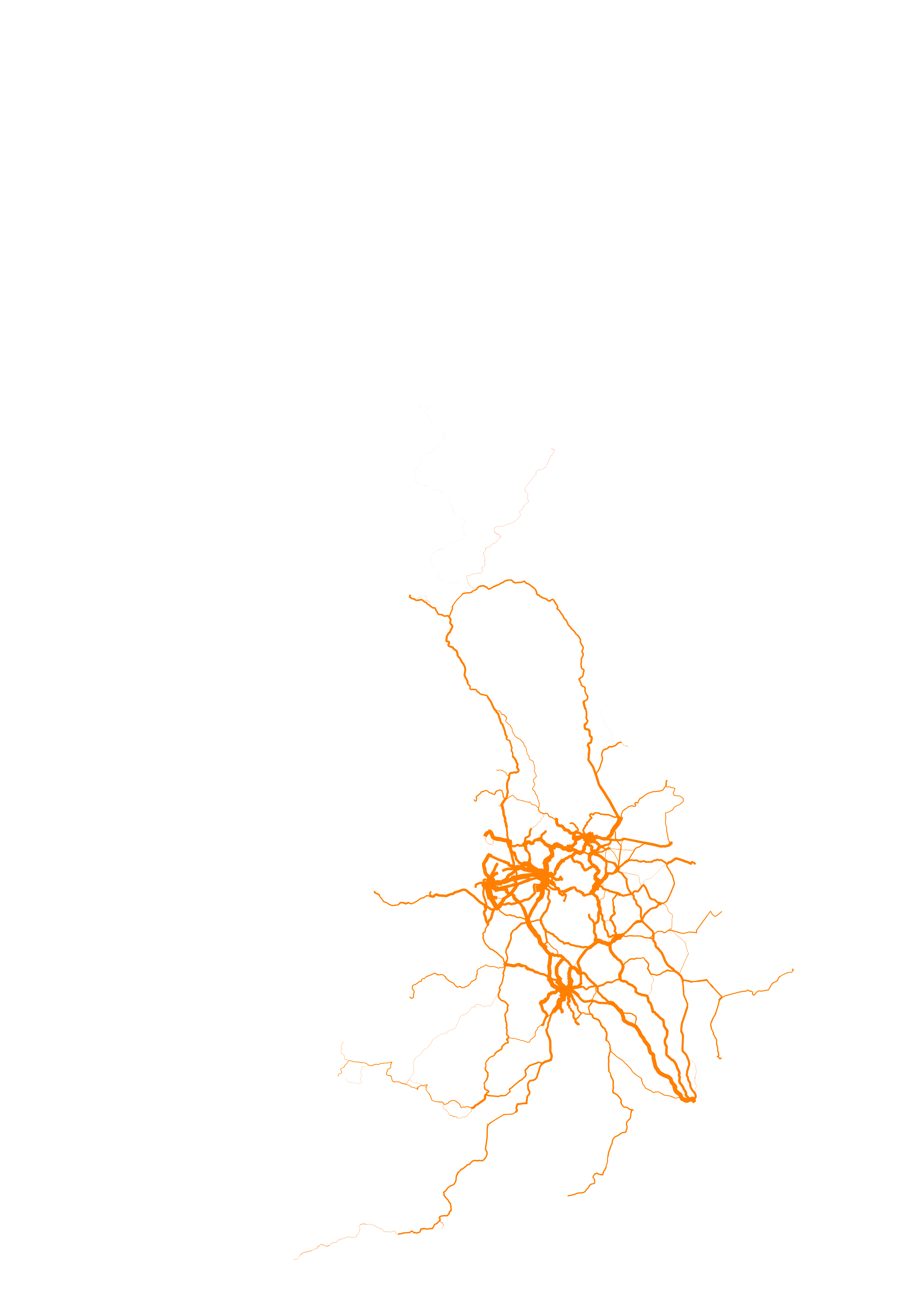 A map showing heavy railway services as orange lines with the width proportional to the number of services that operated on week 18 August 2025 for all stations within a 80km radius of the 20M North and Midlands population centred around Leek in Staffordshire. The line width is proportional to the number of services that operated.
