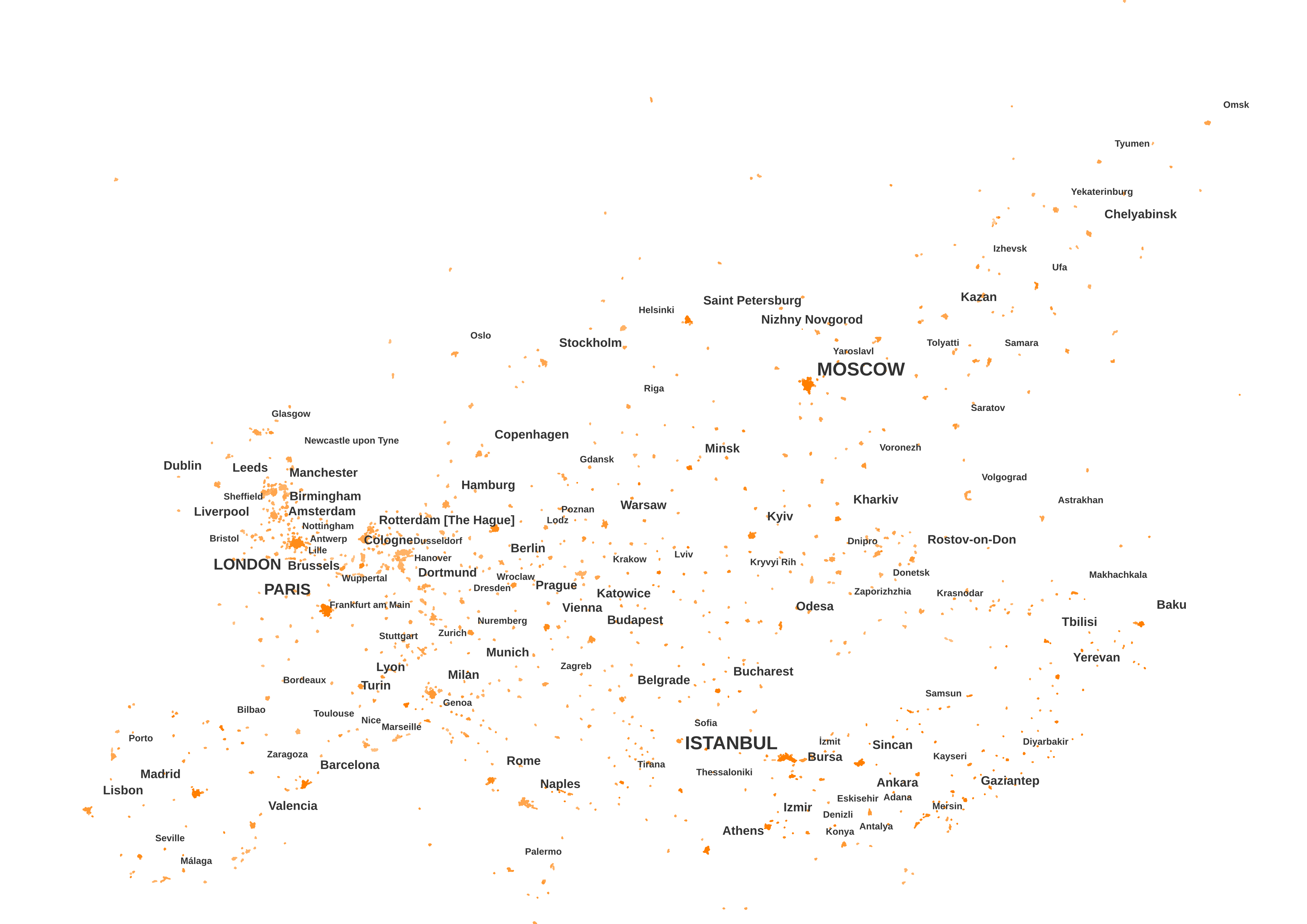 A map showing urban population density as shades of orange for a given values of "Europe" with scaled labels for urban centres based on urban population count