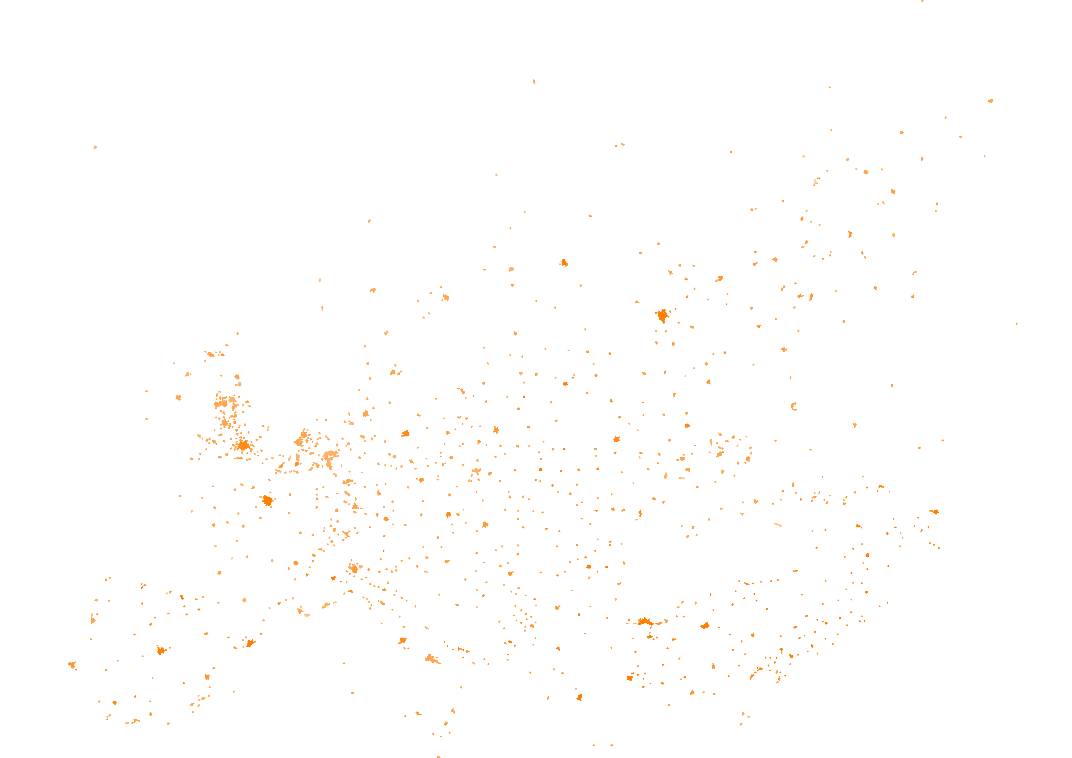 A map showing urban population density as shades of orange for a given value of "Europe"