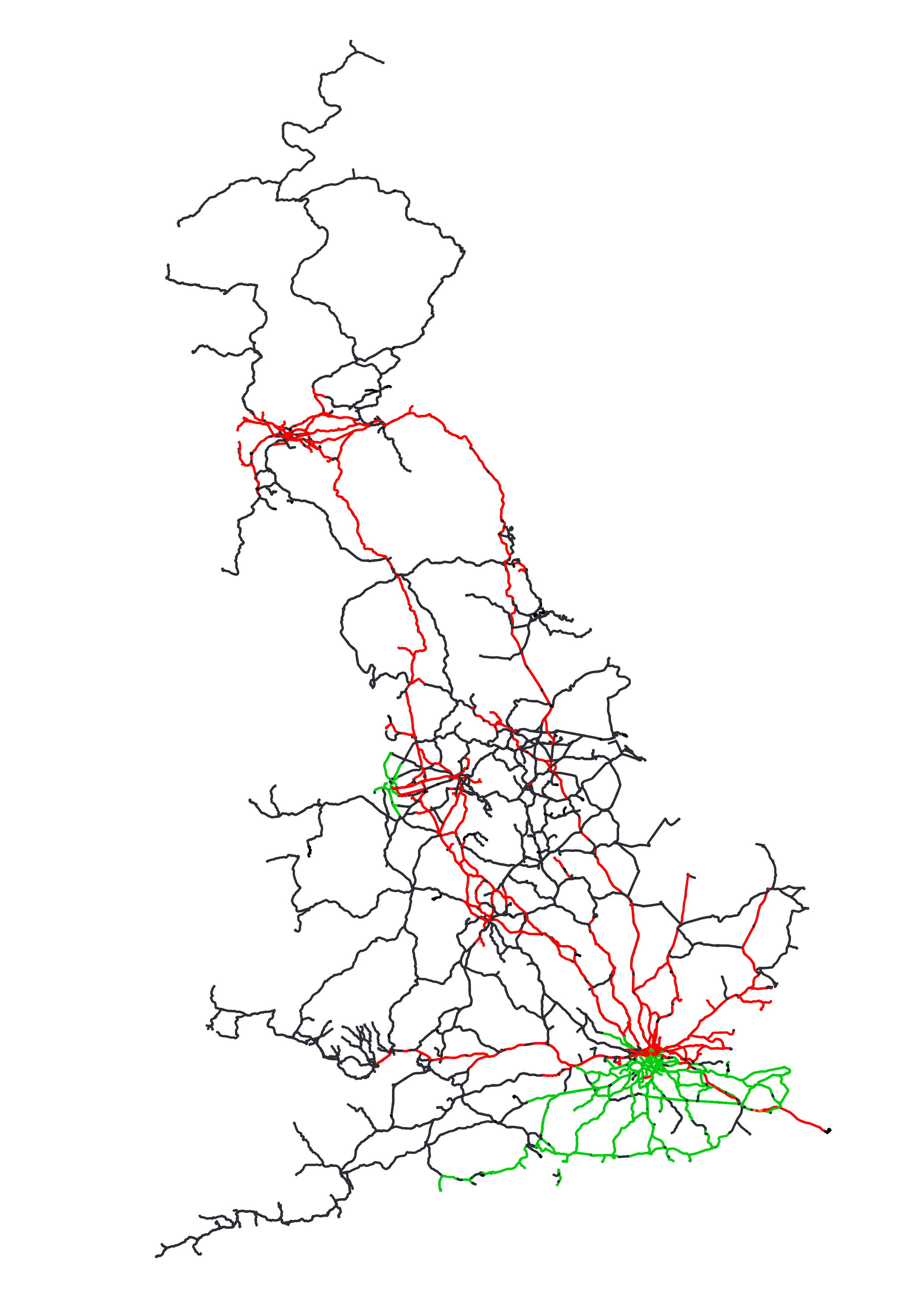 A map of the British heavy rail network showing the myriad of*  different electrification types with key. From the the majority of the network is without electrification (black), 25kV Overhead Line Electrification (OLE)  (red) and 750V DC (dark green). * also known as 10