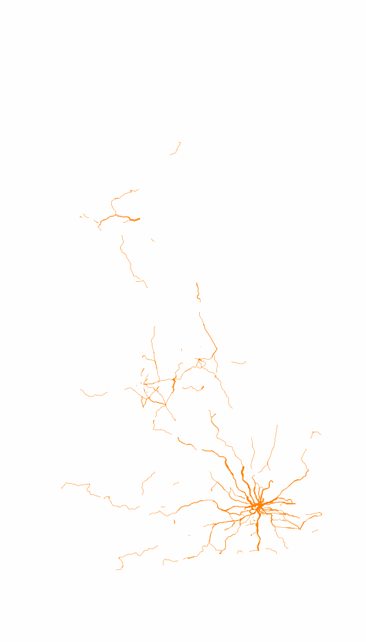An animated map of the British rail network showing track occupancy count for passenger train services as orange lines with width proportional to the service count in hour slices for the week of 18 August 2025