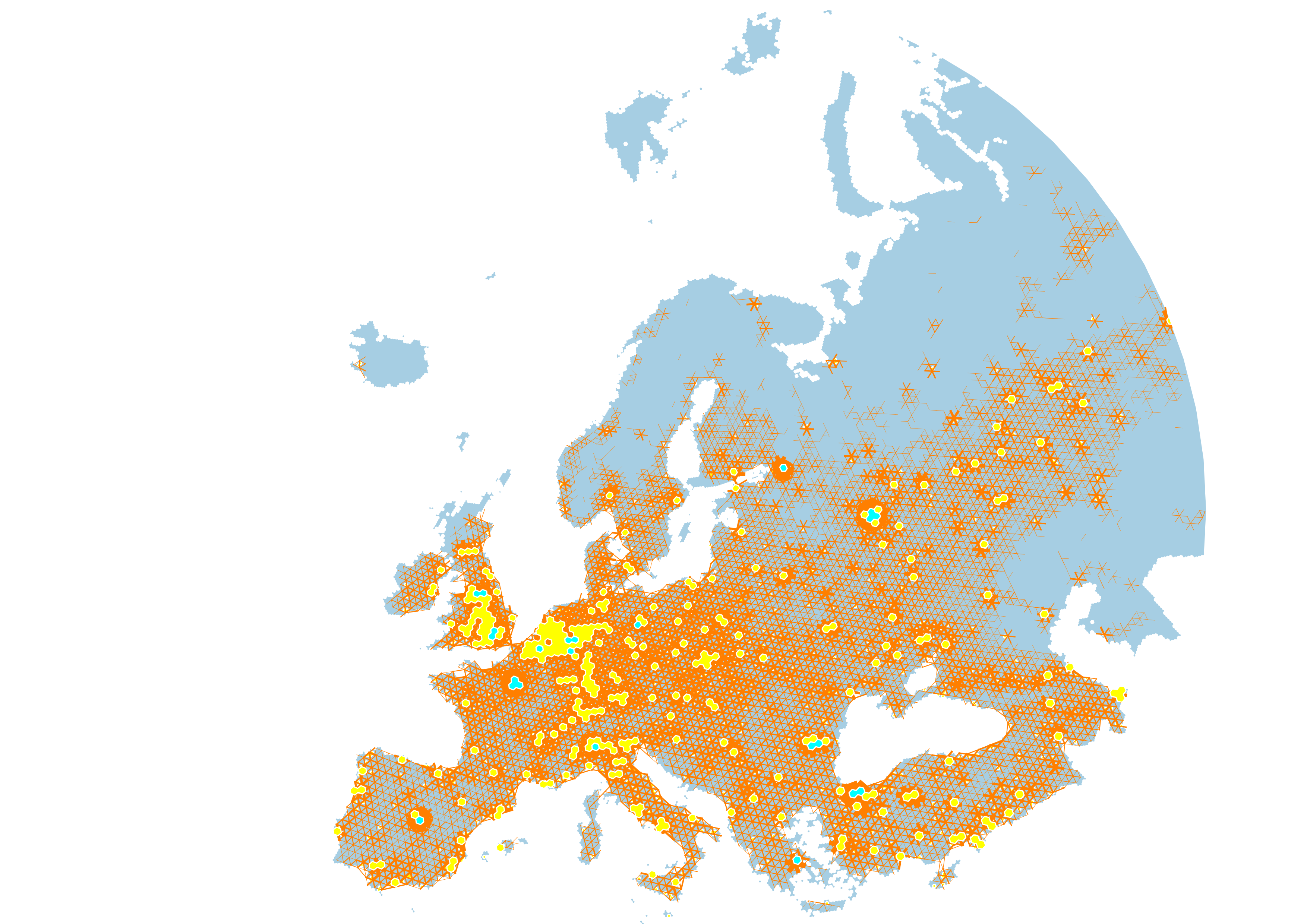 A future public transport map for 2125 showing land in light blue, network links in orange width proportion to flow and population centres increasing density in yellow, and cyan.