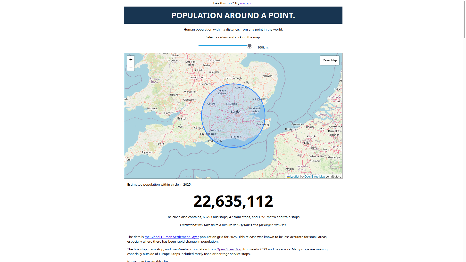 A map showing OpenStreetMap and EU GHS layer data for a 100km radius circle around a point near West London, that has a population 22 635 112.