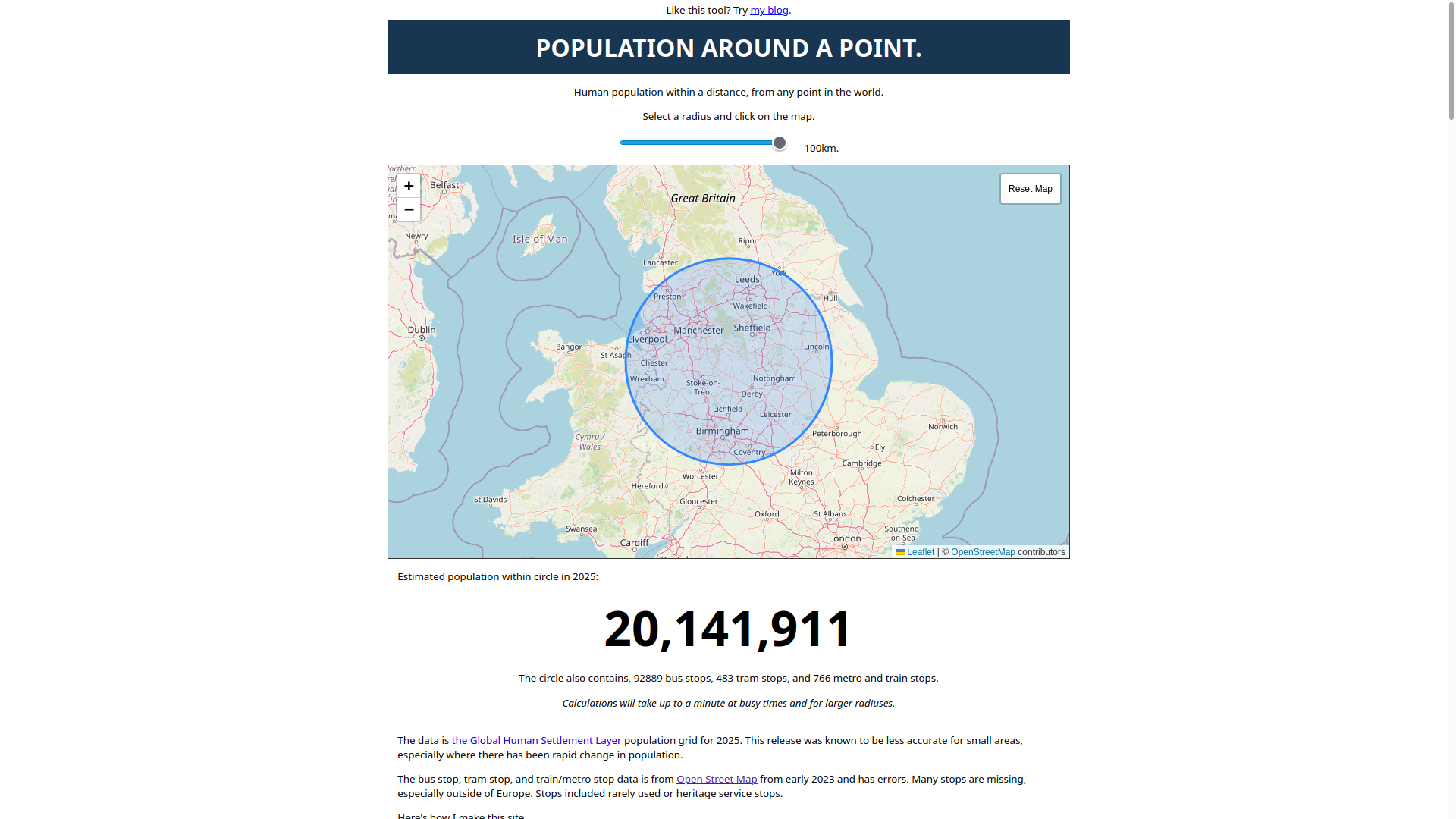 A map showing OpenStreetMap and EU Copernicus GHS data for a 100km radius circle around a point near Leek, in Northern  England that has a population 20 141 911.