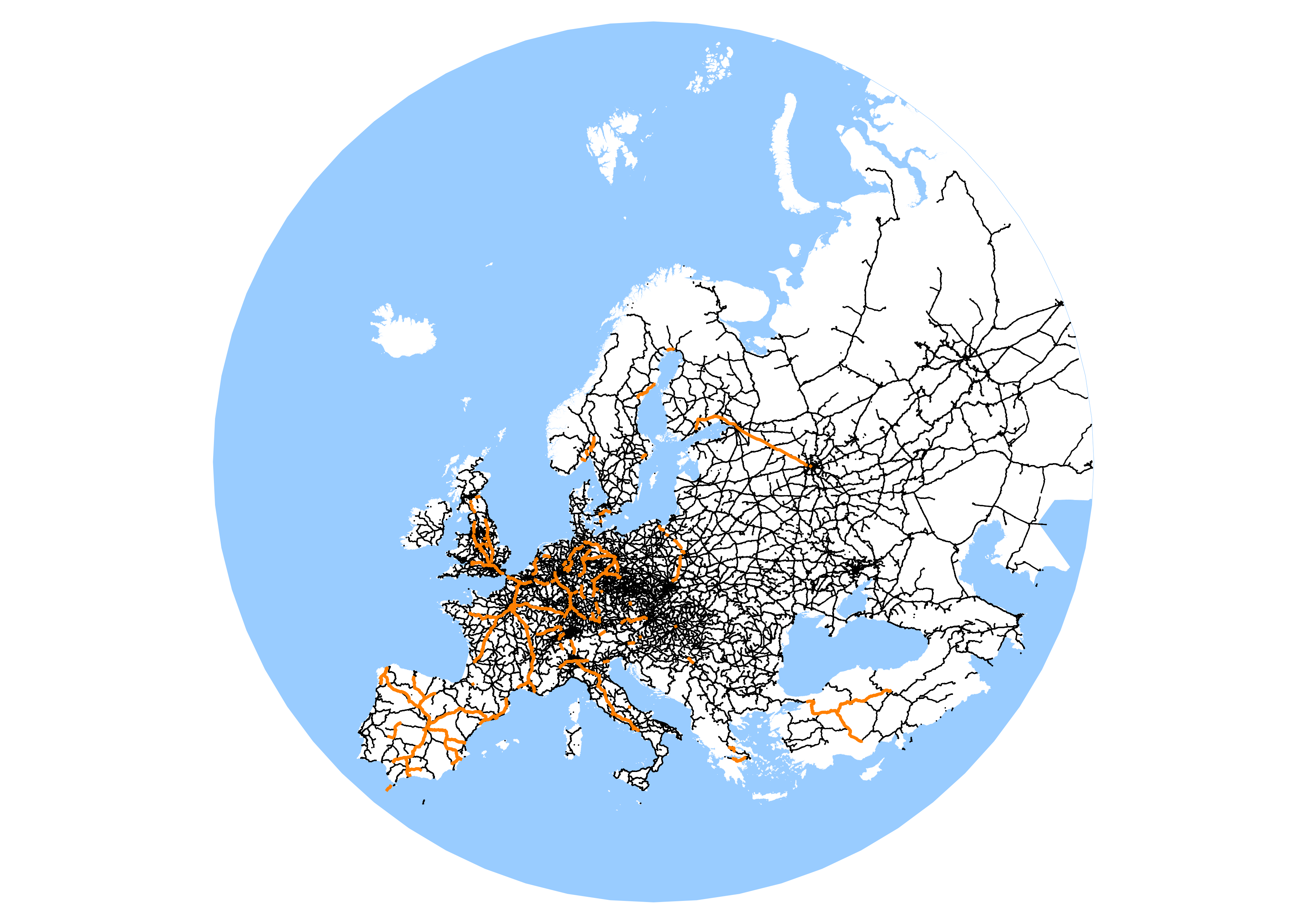 A map of Europe showing high-speed rail with land in white, sea in light blue. High-speed tail lines are orange or otherwise in black.