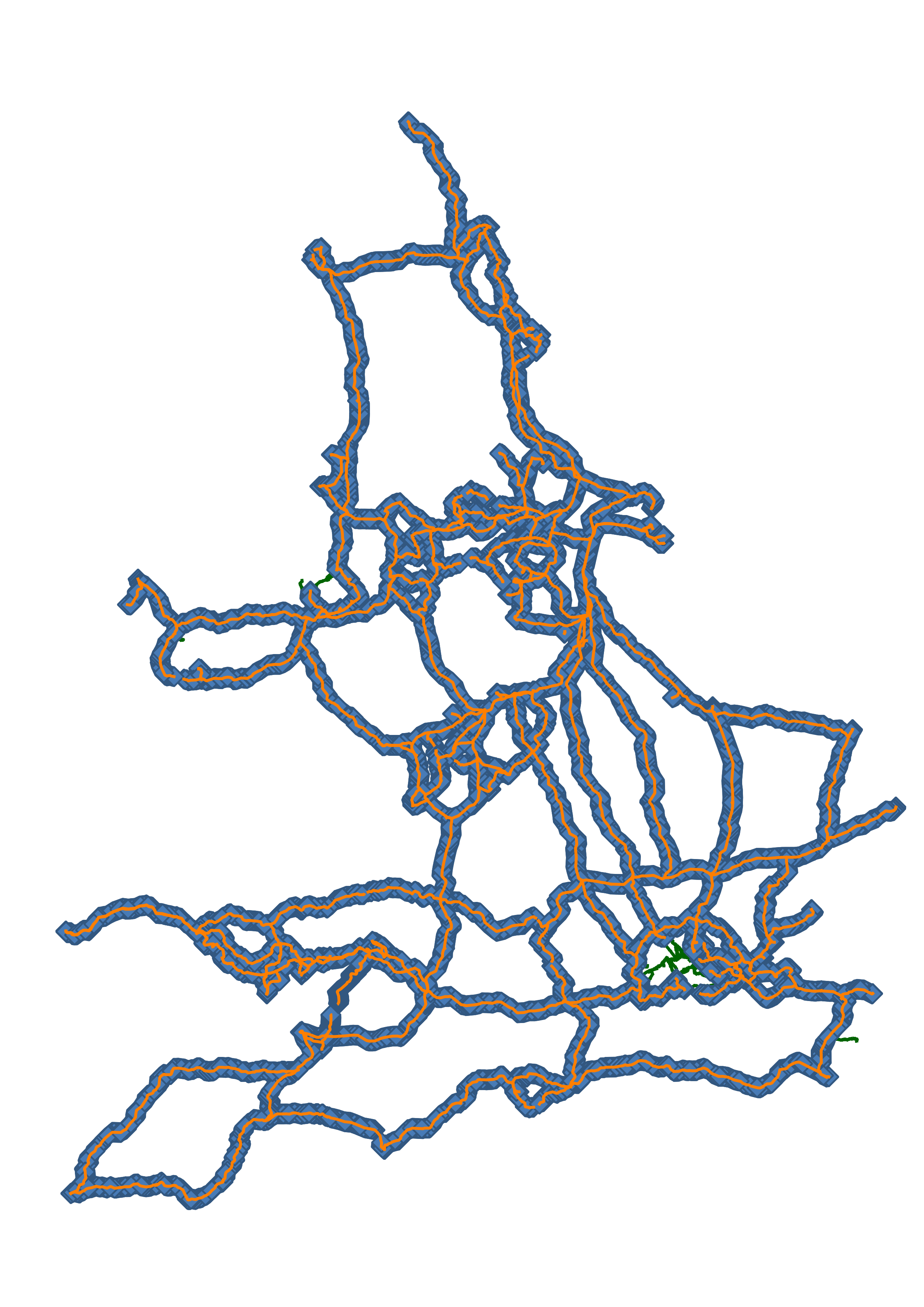 A map showing National Grid power lines in orange, cables in dark green and towers as blue diamonds.