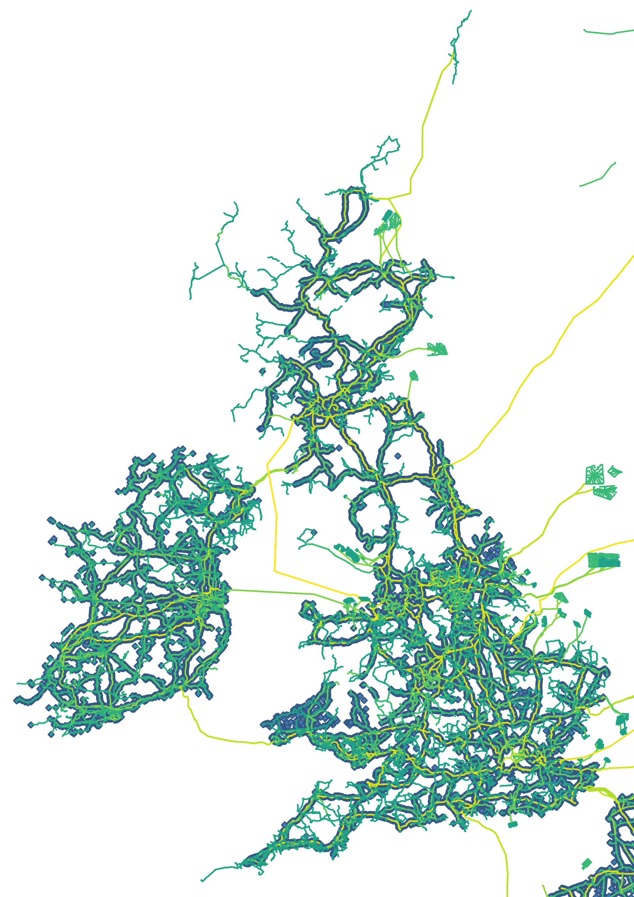 A map showing the high-voltage electricity grid for the islands of Northern Europe and transmission tower locations. The blue diamonds show tower locations, the coloured lines either overhead lines if on a tower, or cables if not. The line colour from green to yellow indicates increasing transmission voltage.
