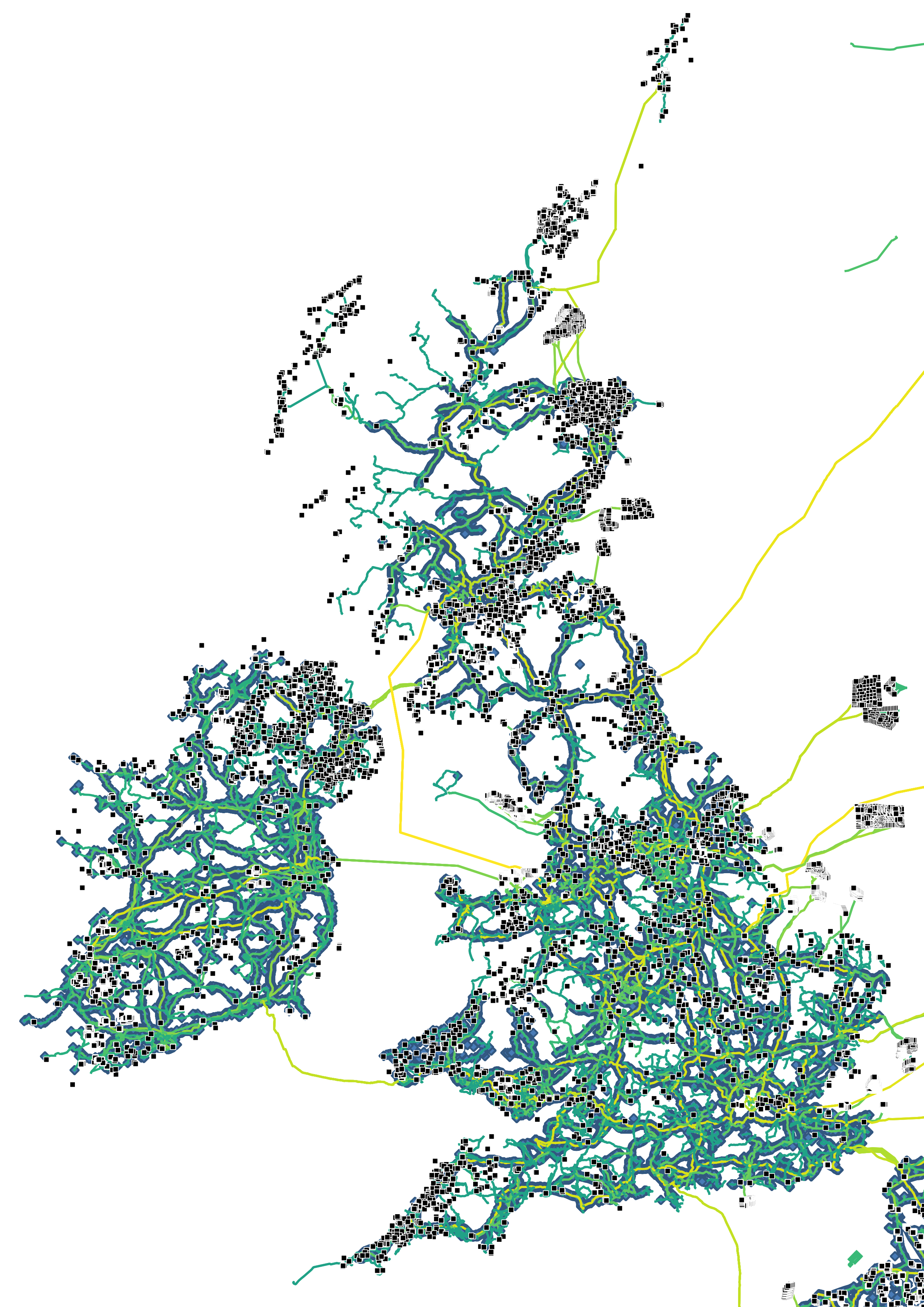 A map showing the high-voltage electricity grid for the islands of Northern Europe with transmission tower and wind-turbine locations. The blue diamonds show tower locations, the grey square wind-turbines, the coloured lines either overhead lines if on a tower, or cables if not. The line colour from green to yellow indicates increasing transmission voltage.