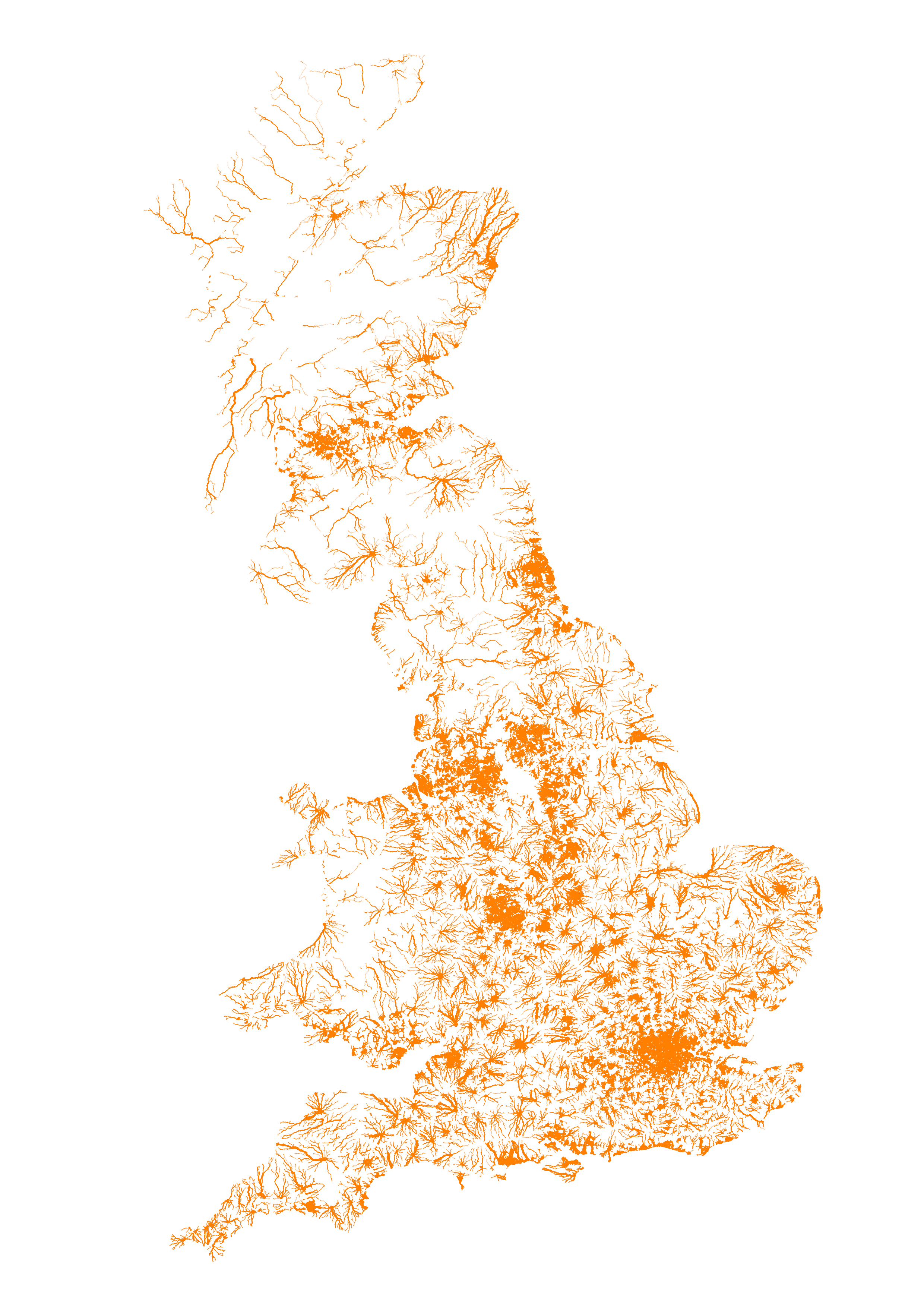 A map showing the walking routes from the 2021 census population Output Area/Data Zone locations to heavy rail stations in Britain as orange lines with width scaled to the aggregated number of people on that route. The Census data is from Office of National Statistics and Library of Scotland