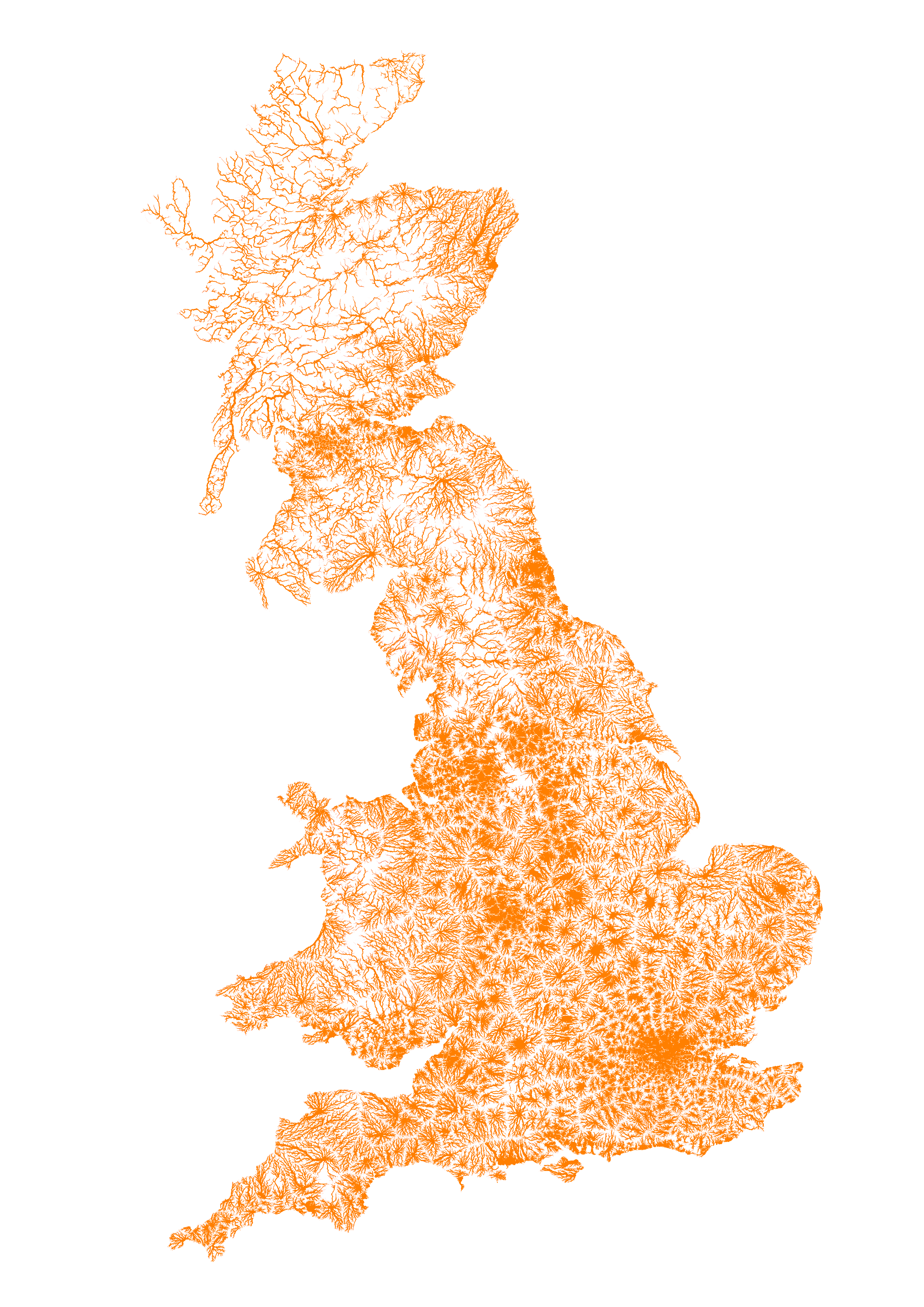 A map showing the walking routes from the 1km^2^ WorldPop 2025 population locations to heavy rail stations in Britain as orange lines with width scaled to the aggregated number of people on that route