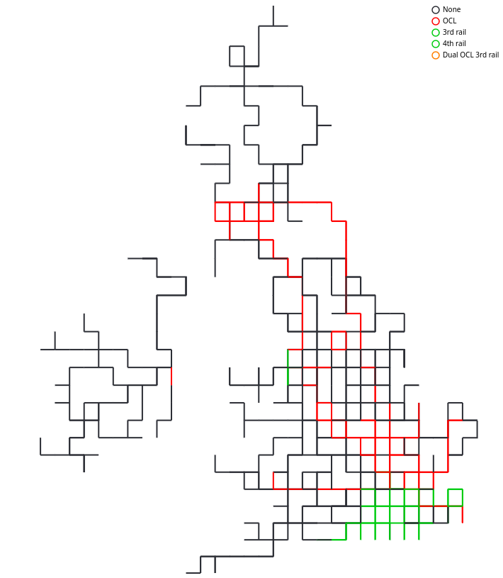 A map of the Islands of Northern Europe at a medium level of simplification showing heavy rail electrification. No electrification is in black, Overhead Contact Line (OCL) in red, other forms of electrification in green and dual electrification in orange.