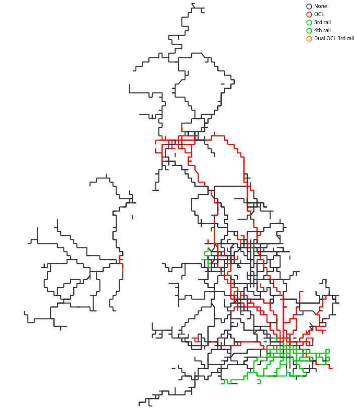 A map of the Islands of Northern Europe at a lower level of simplification showing heavy rail electrification. No electrification is in black, Overhead Contact Line (OCL) in red, other forms of electrification in green and dual electrification in orange.