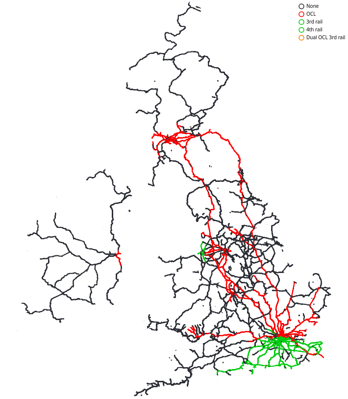 A map of the Islands of Northern Europe with a limited level of simplification showing heavy rail electrification. No electrification is in black, Overhead Contact Line (OCL) in red, other forms of electrification in green and dual electrification in orange.