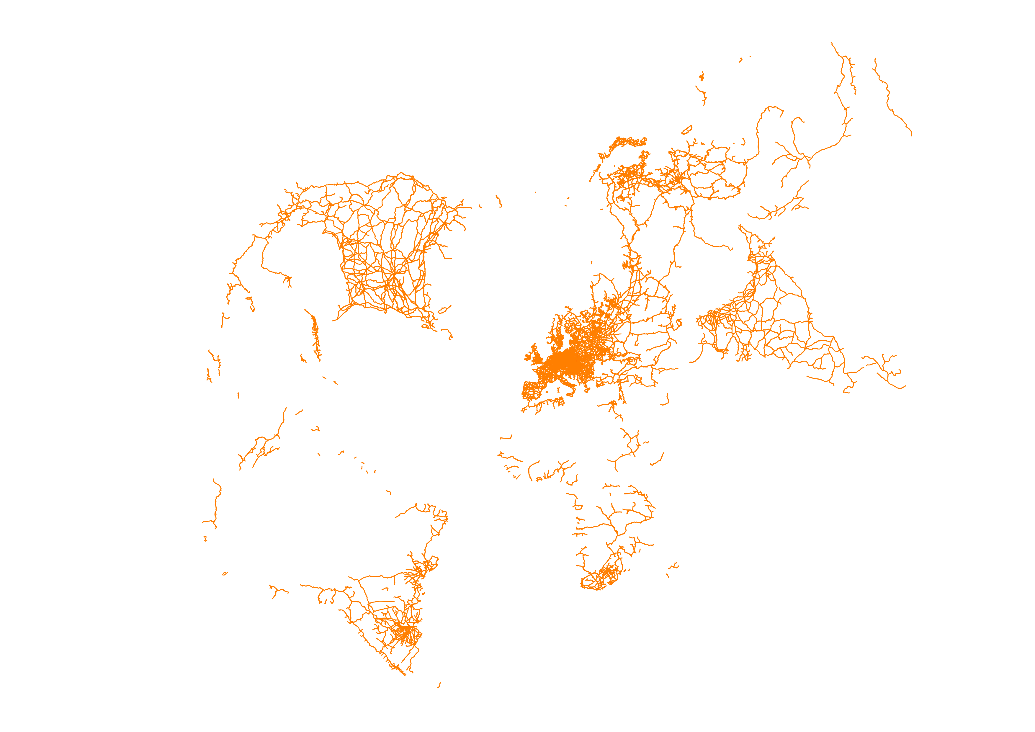 A projection showing heavy rail lines as orange lines on a world map using the Ordnance Survey UK-centric projection EPSG27700 in m