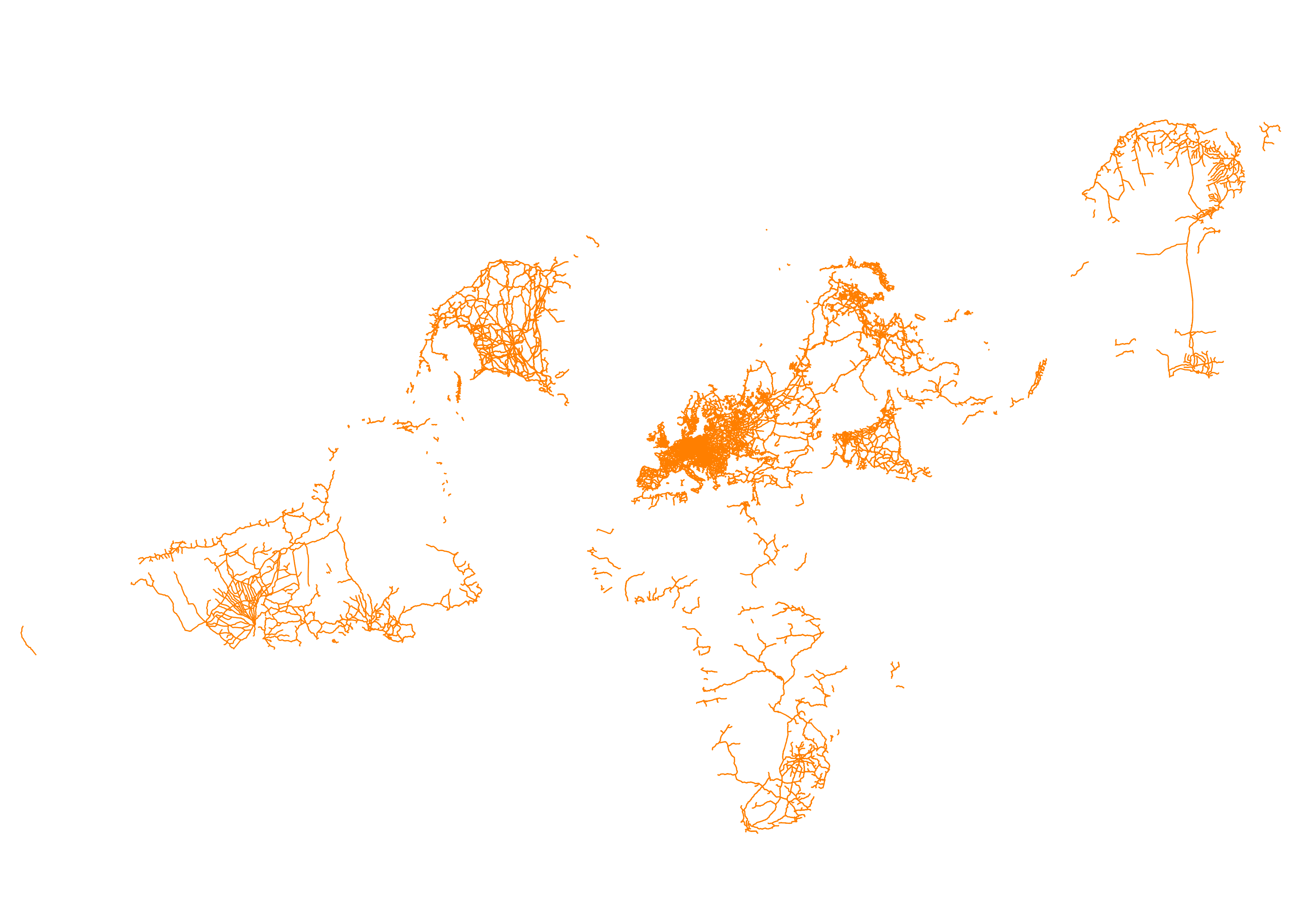 A projection showing heavy rail lines as orange lines on a world map using a Europ-centric projection EPSG3034 in m