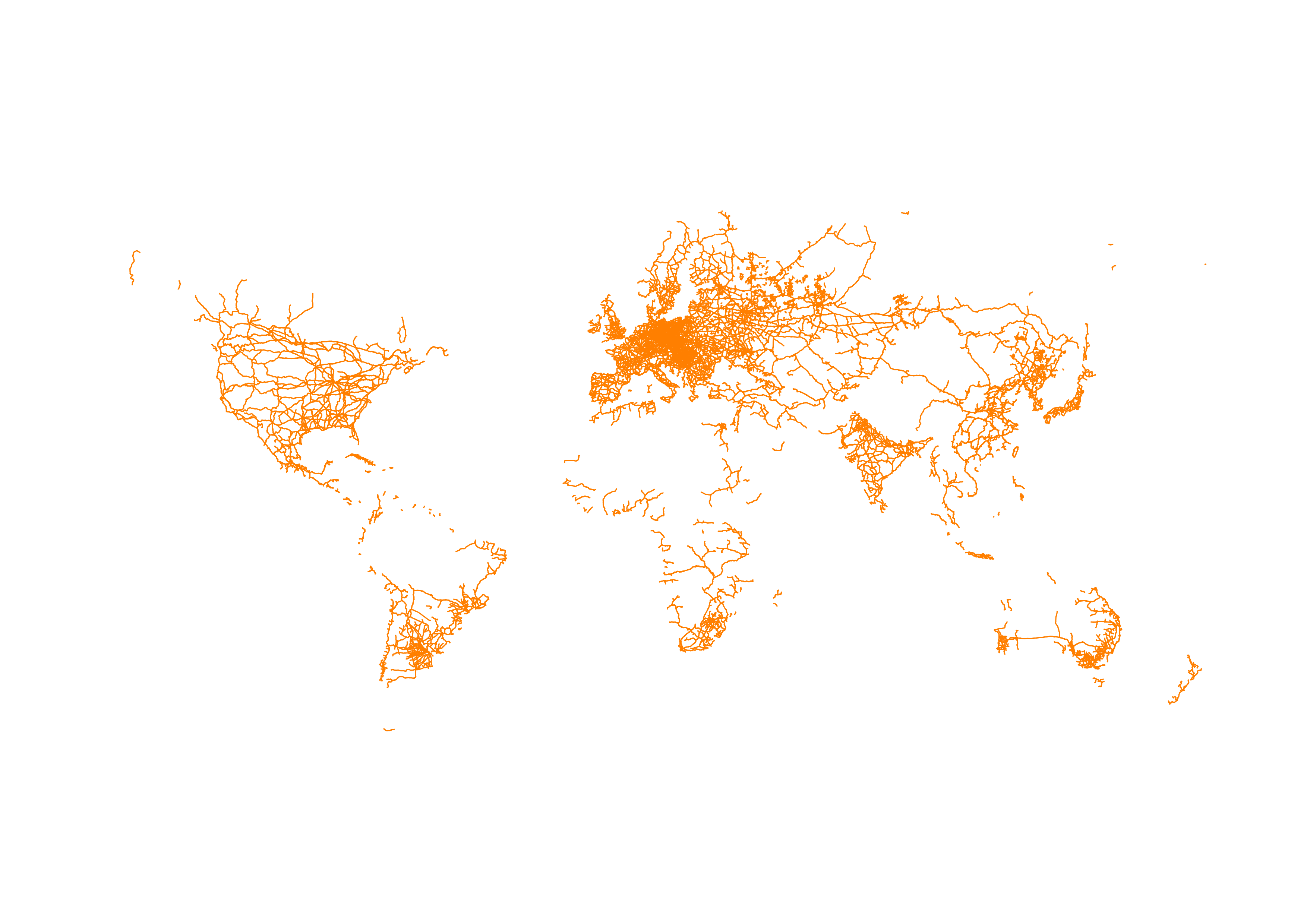 A projection showing heavy rail lines as orange lines on a world map using a Pseudo-Mercator projection EPSG3857 in m