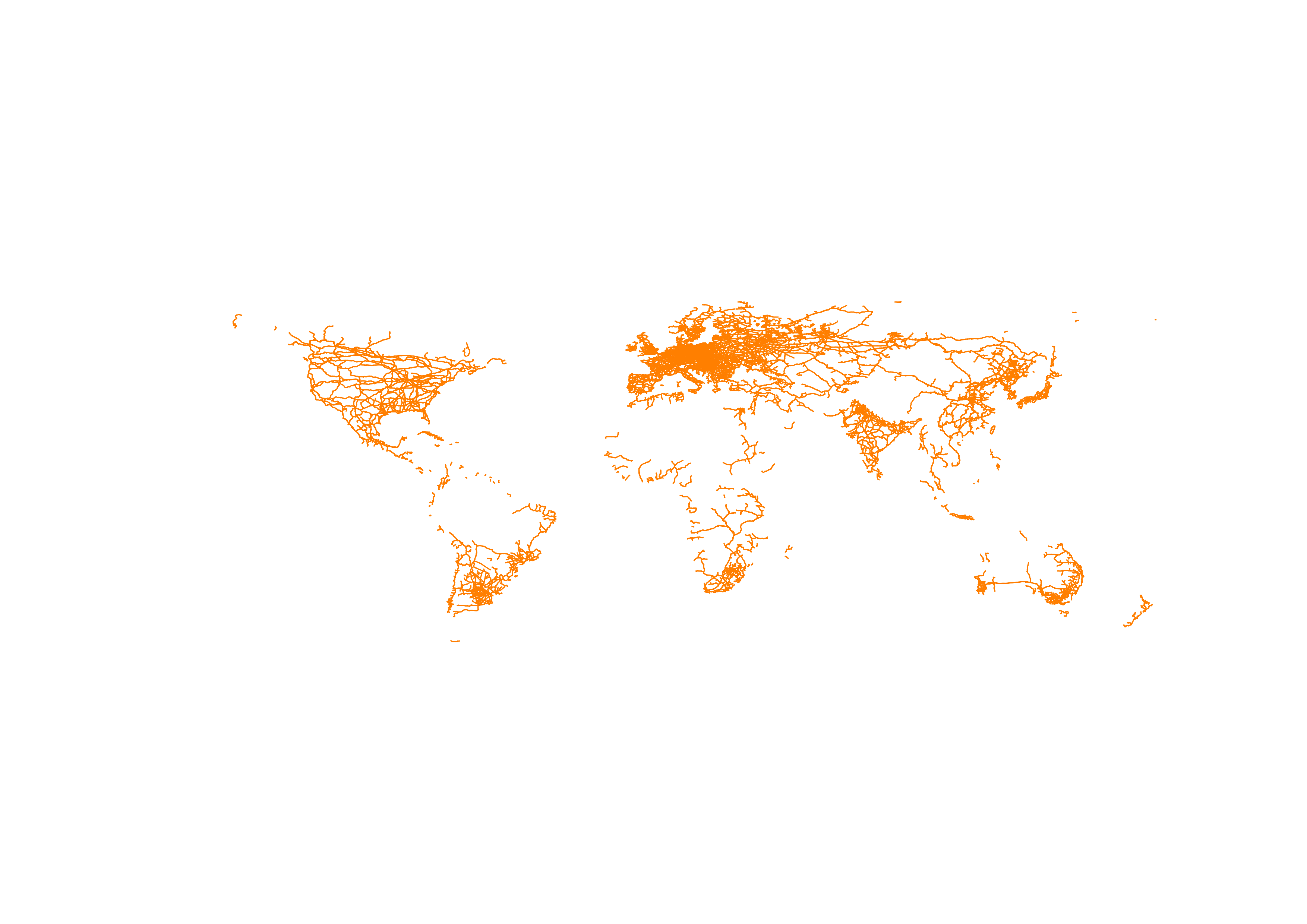 A projection showing heavy rail lines as orange lines on a world map using base latitude and longitude coordinates projection EPSG3857 in °