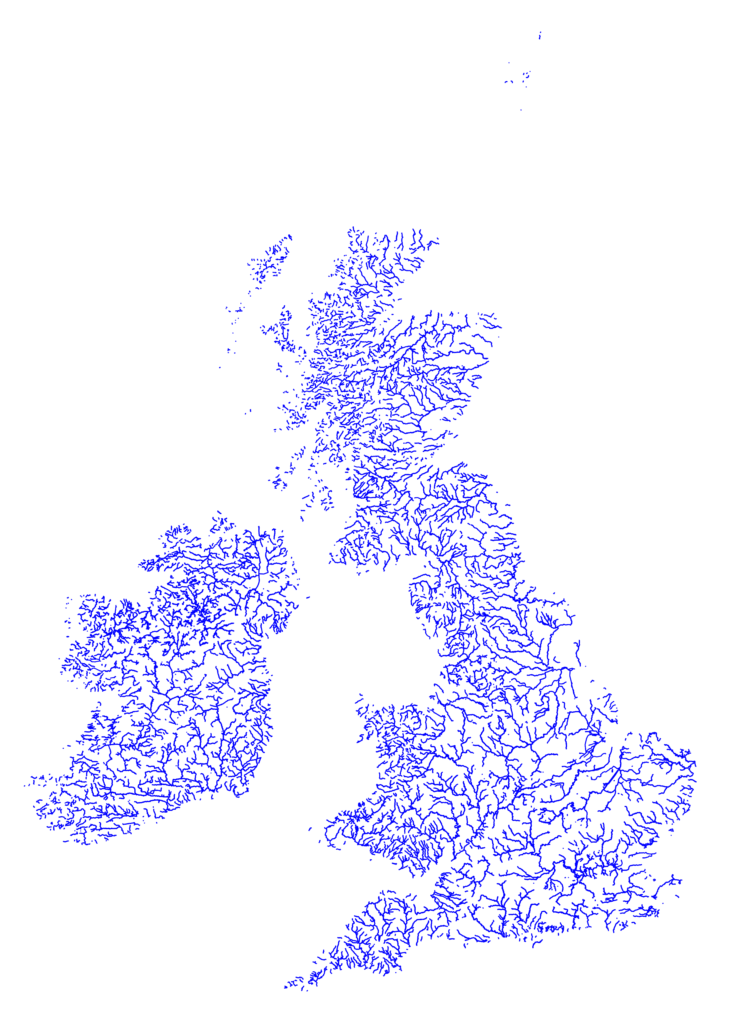 A map of OpenStreetMap data for Great Britain and Ireland showing rivers as blue lines