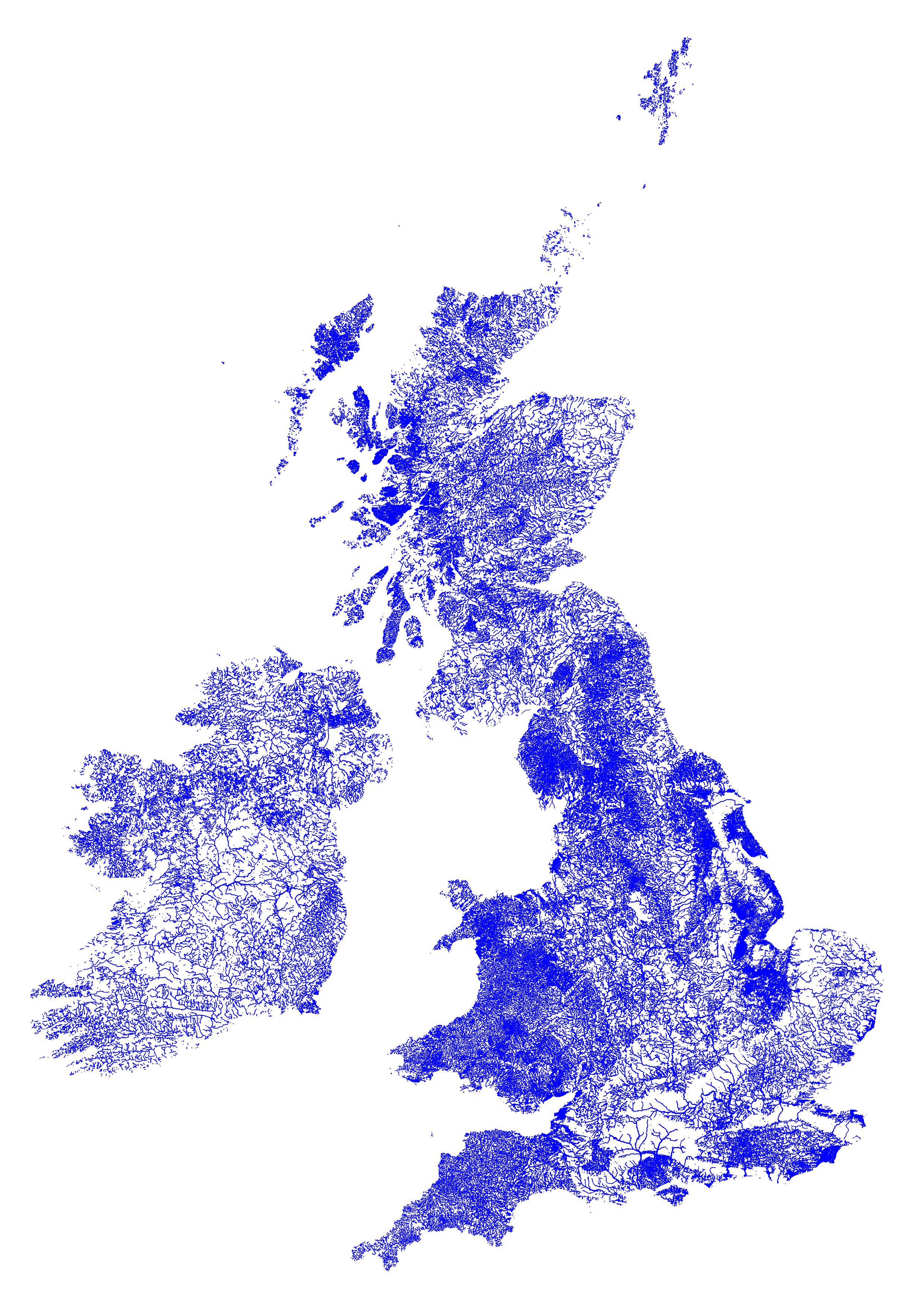 A map of OpenStreetMap data for Great Britain and Ireland showing rivers, streams and canals as blue lines