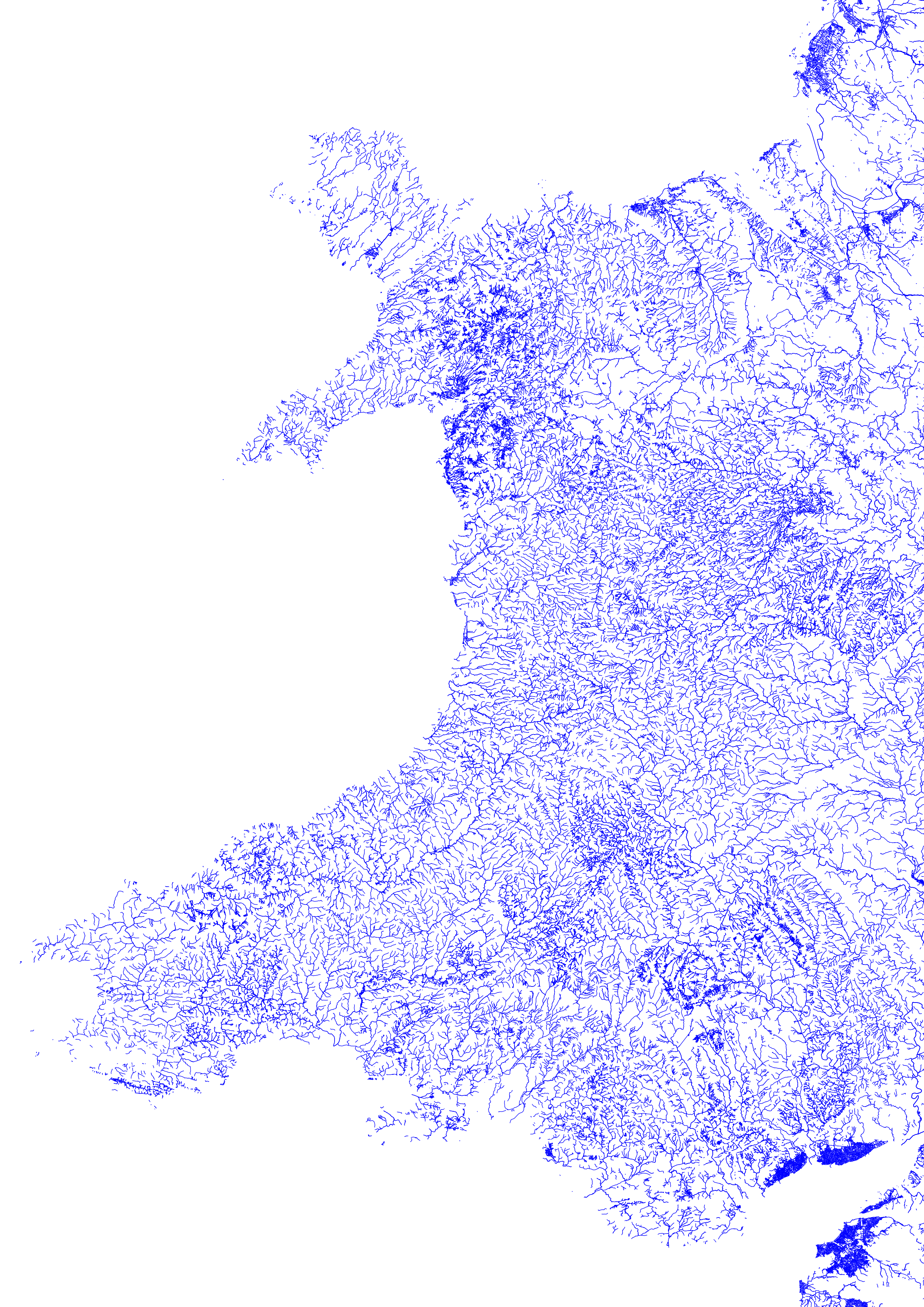 A map of OpenStreetMap data for Wales showing rivers, streams and canals as blue lines