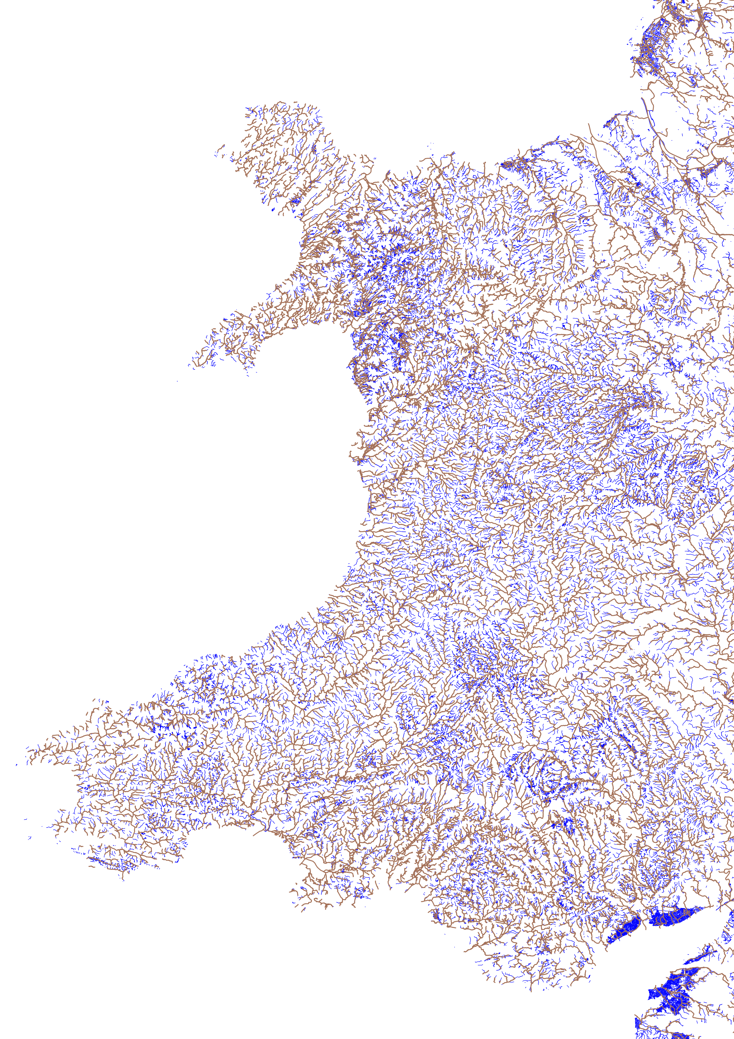 A map of OpenStreetMap data for Great Britain showing rivers, streams and canals as blue lines and Ordnance Survey Open River data as golden lines