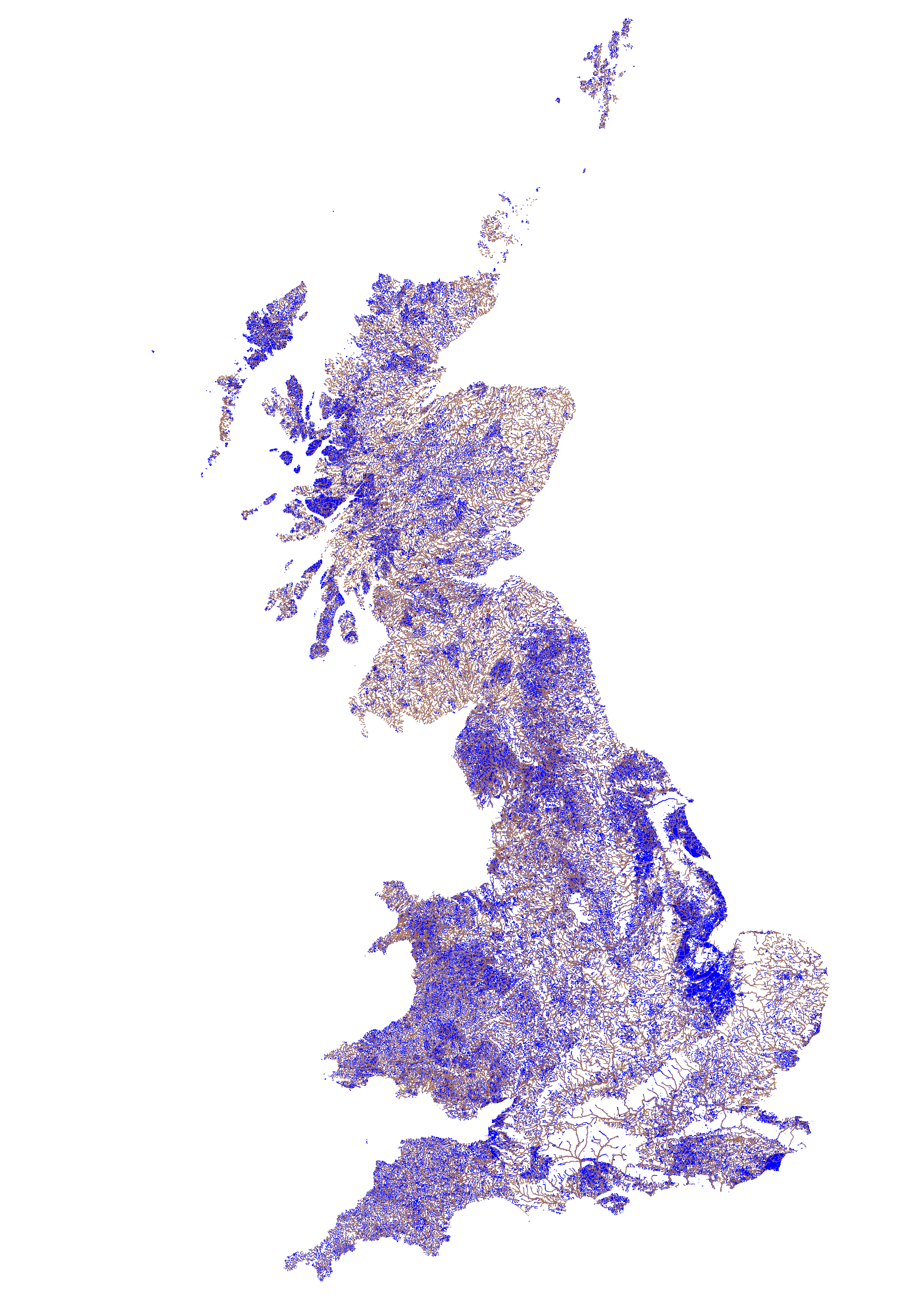 A map of OpenStreetMap data for Wales showing rivers, streams and canals as blue lines and Ordnance Survey Open River data as golden lines