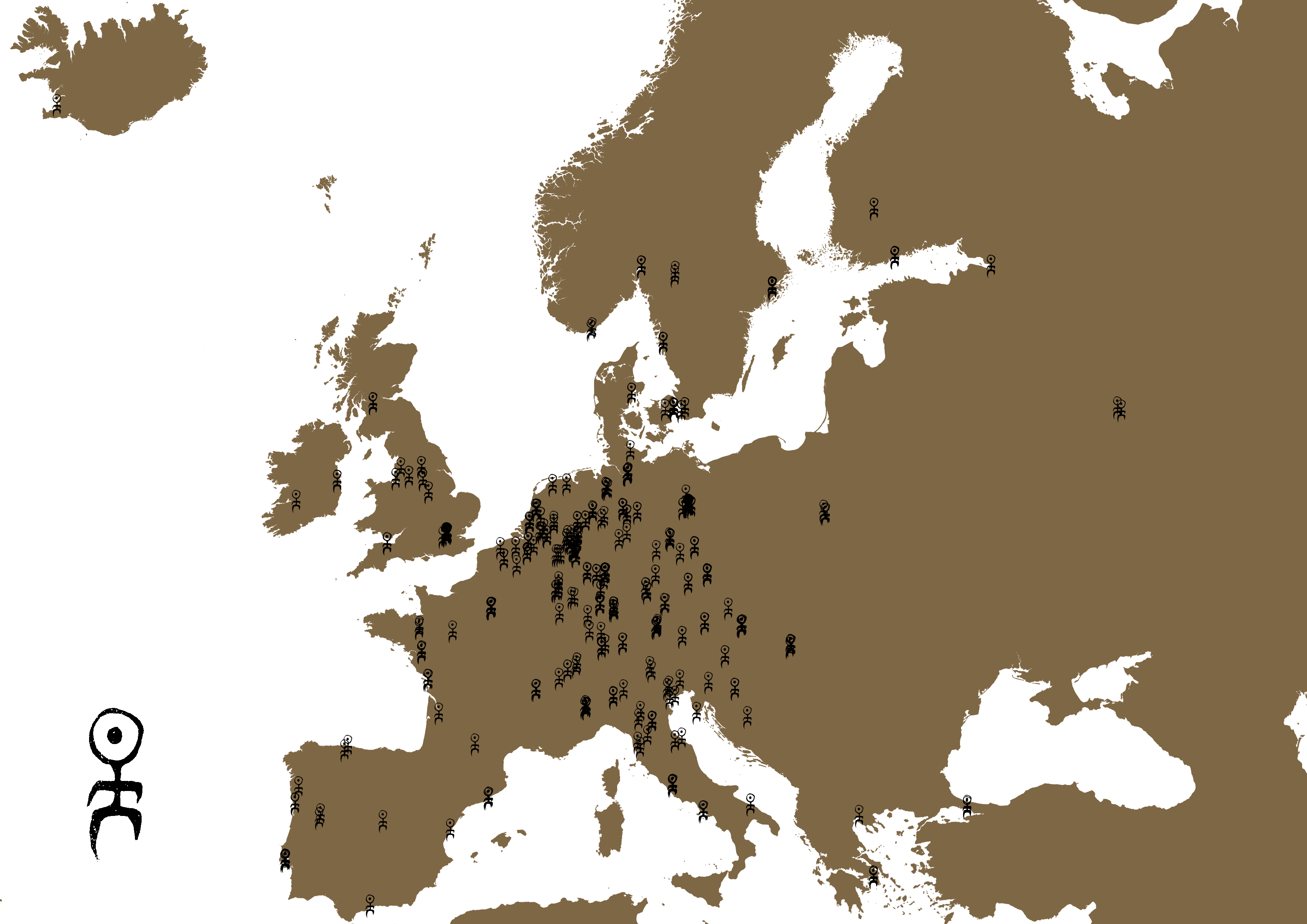 A world map with land in bronze and sea in white showing locations of Einstürnzende Neubaten concerts using the Einstürnzende Neubaten petroglyph