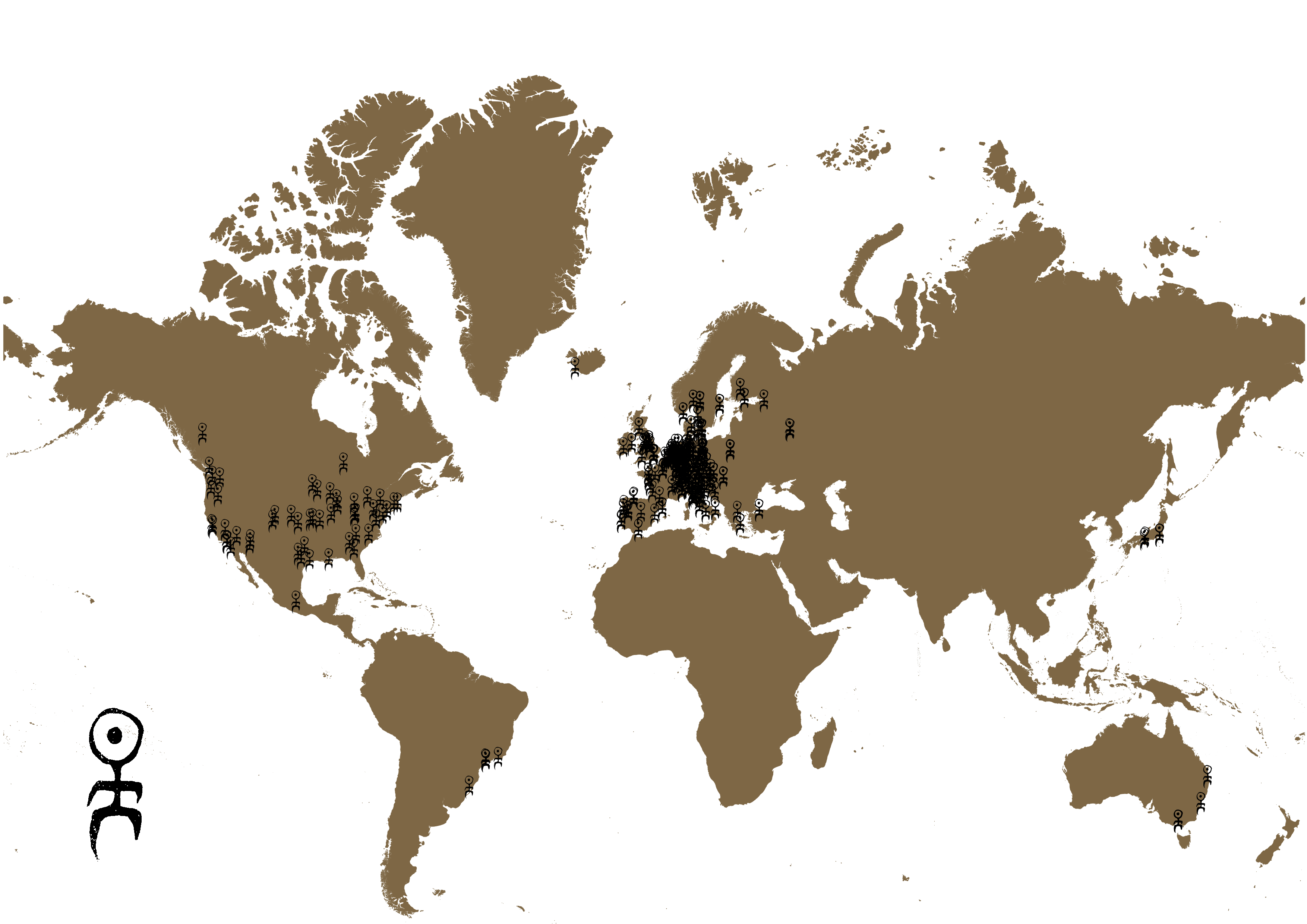 A map of Europe with land in bronze showing locations of Einstürnzende Neubaten concerts using the Einstürnzende Neubaten petroglyph