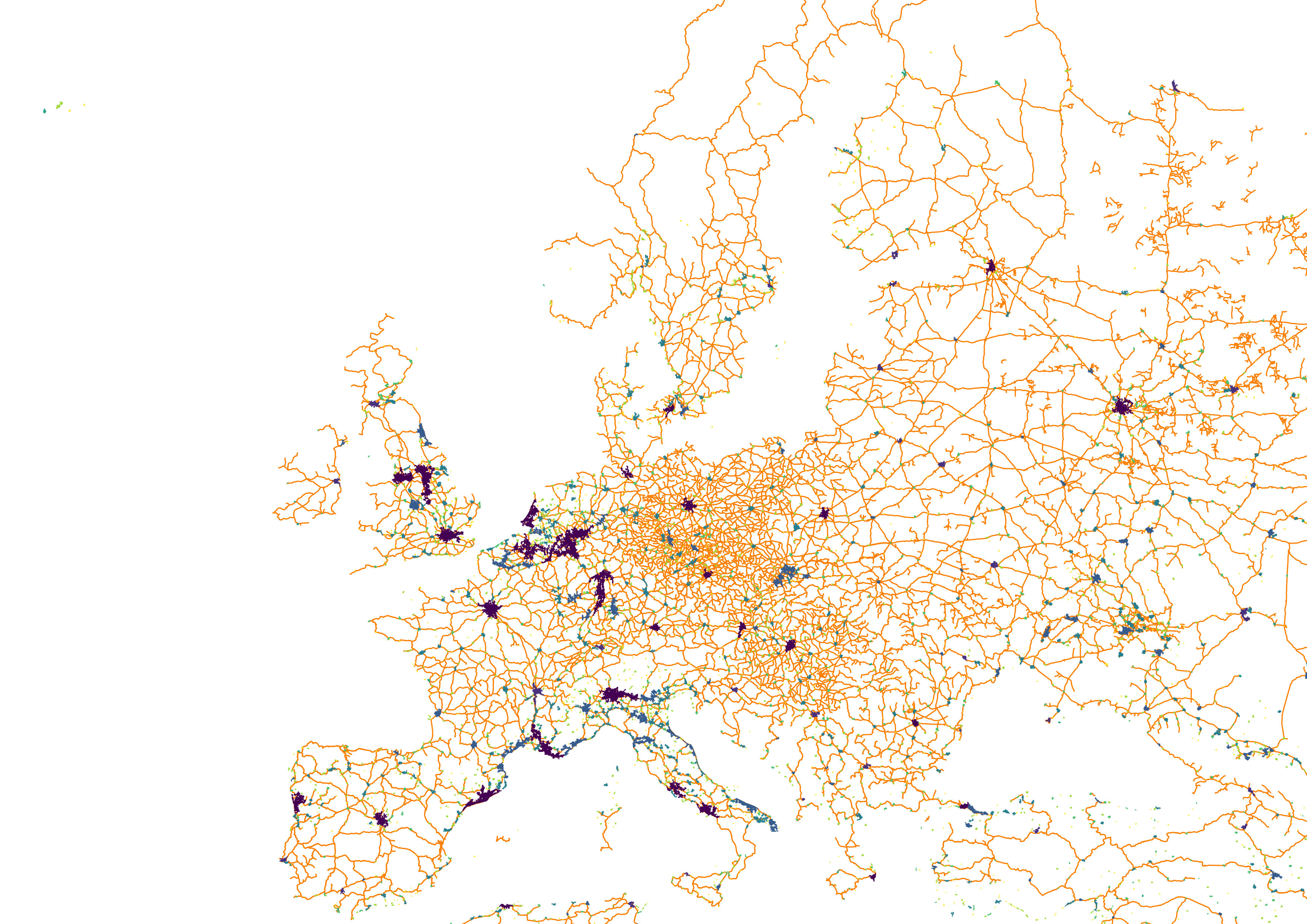 Natural Earth Data urban 10m population data for Europe coloured in Viridis by zoom level. Which seems to link to population density, plus rail lines in orange