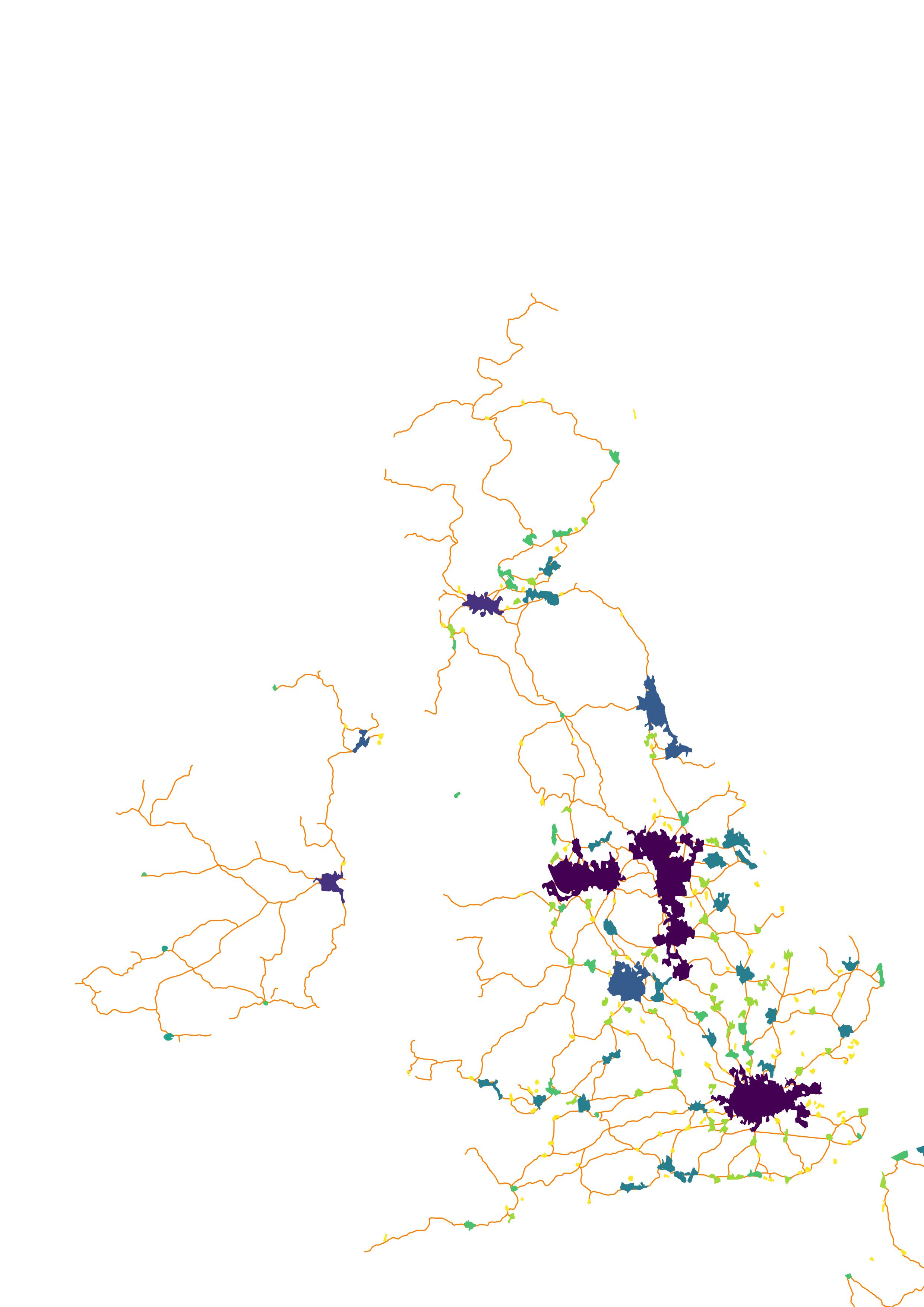 Natural Earth Data urban 10m population data for the Islands of Northern Europe coloured in Viridis by zoom level. Which seems to link to population density, plus rail lines in orange