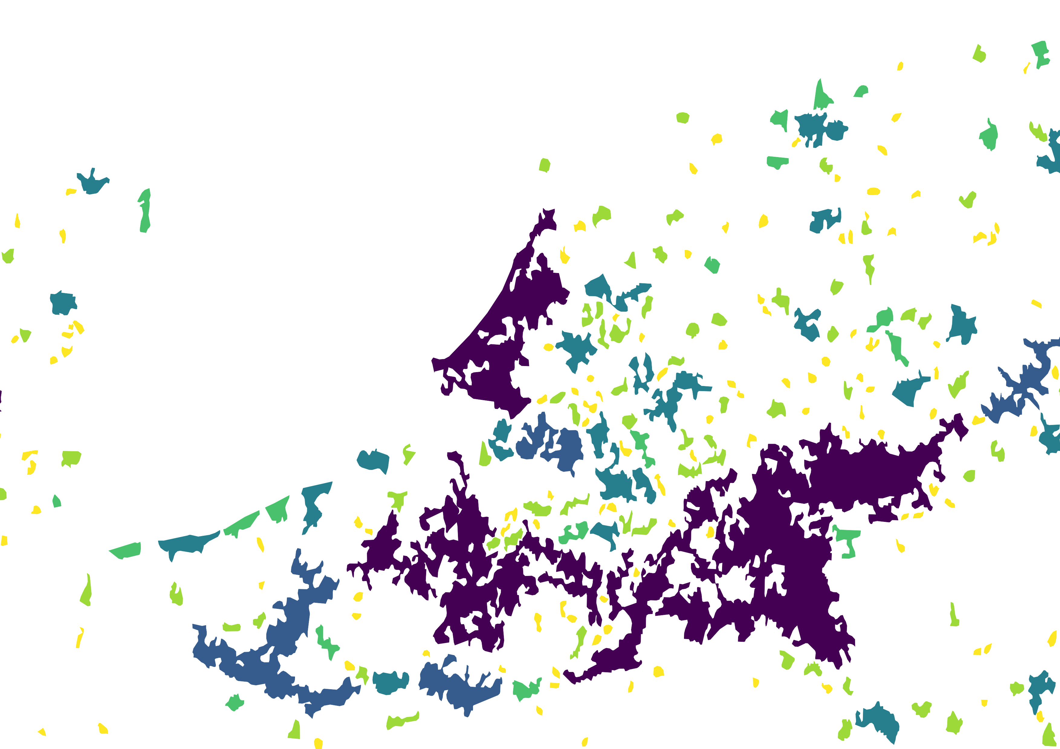 Natural Earth Data urban 10m population data for the low countries coloured in viridis by zoom level. Which seems to link to population density