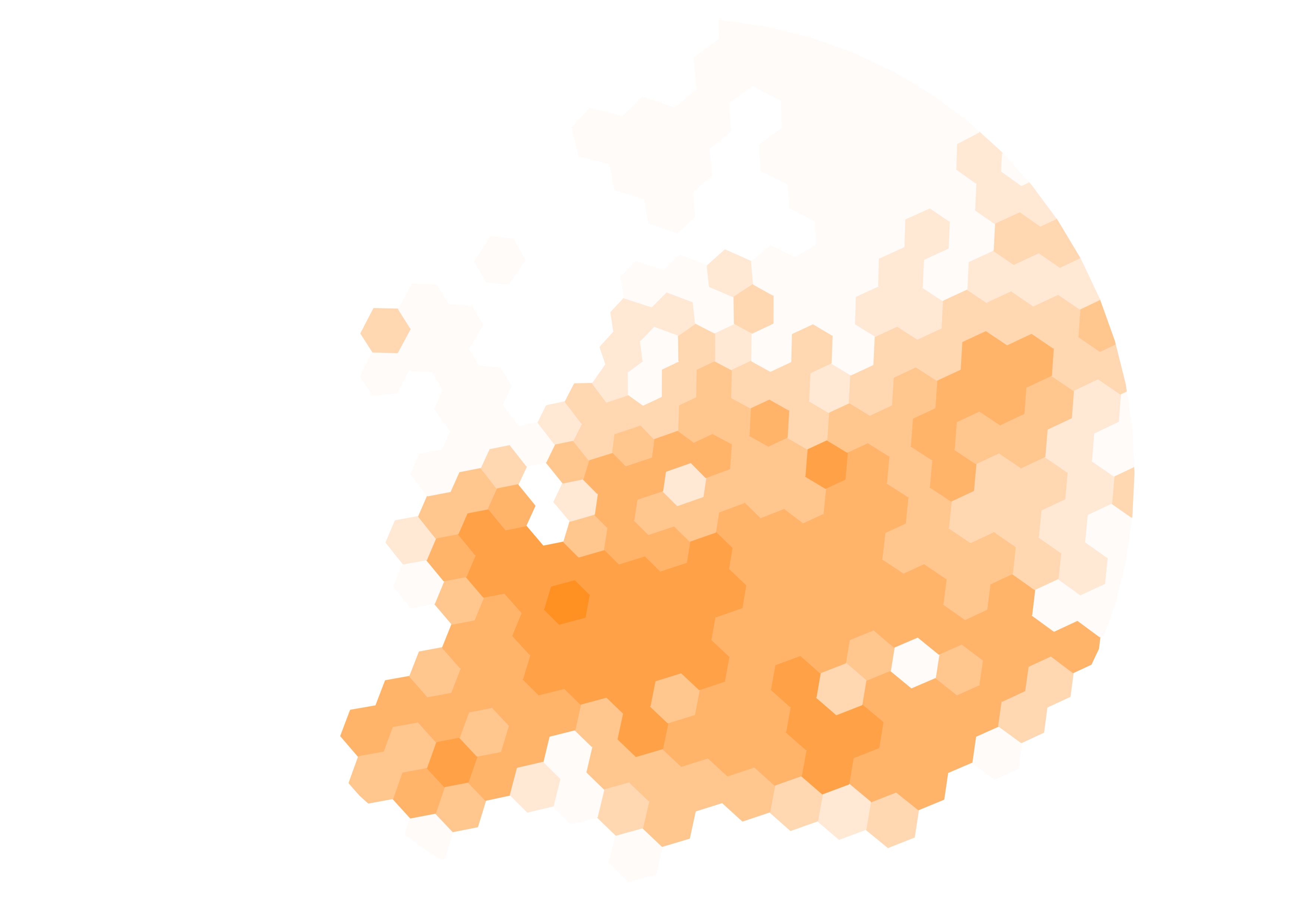 Wordlpop European population density scaled in shards of orange aggregated into hexagons