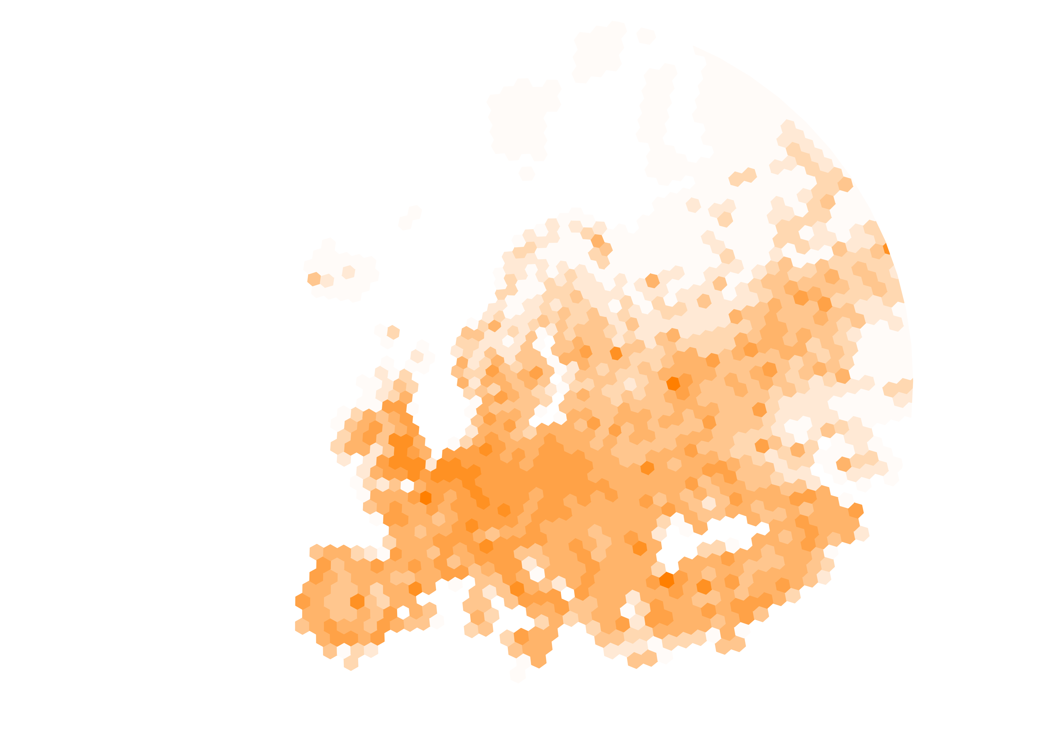 Wordlpop European population density scaled in shards of orange aggregated into hexagons
