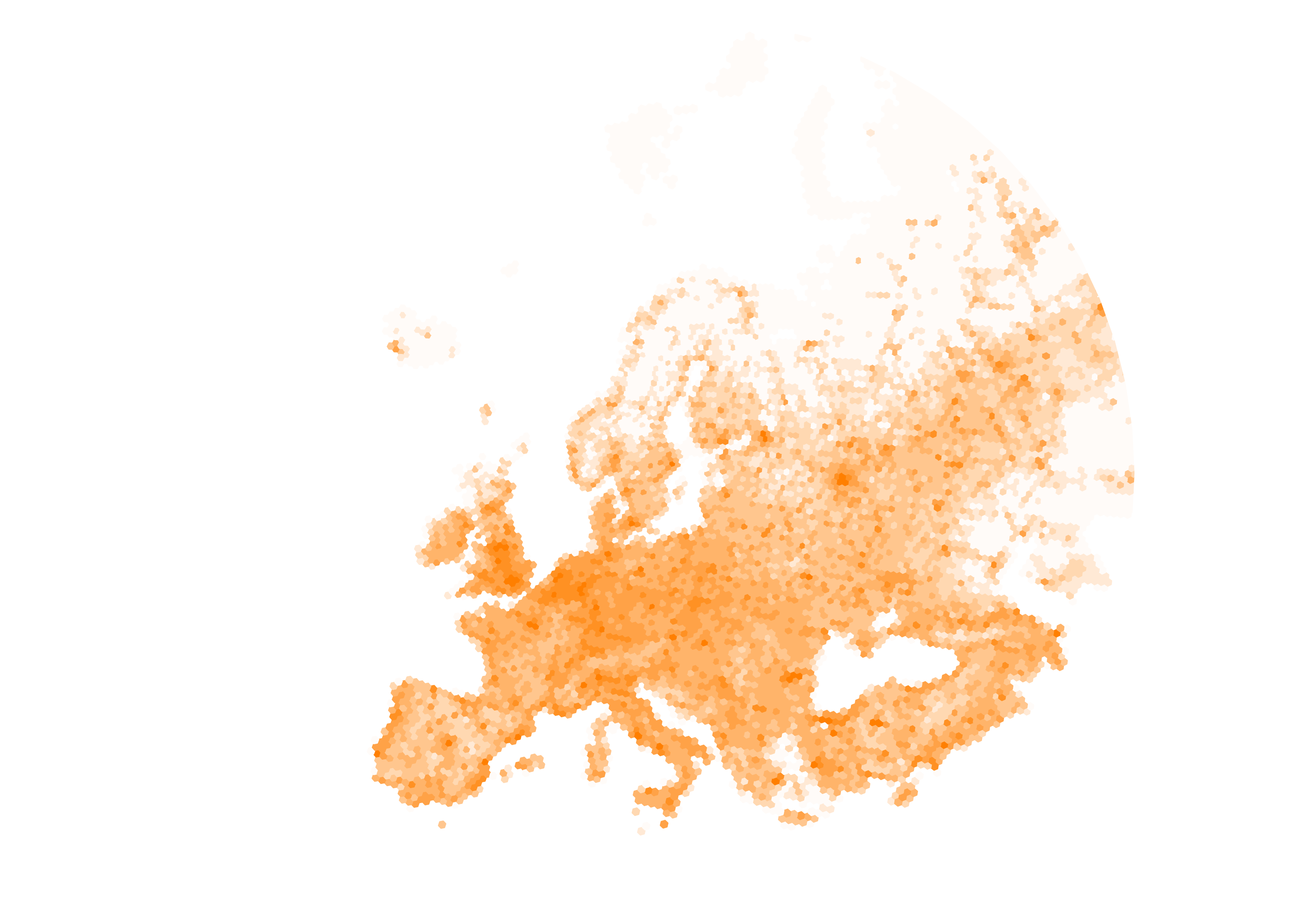 Wordlpop European population density scaled in shards of orange aggregated into hexagons
