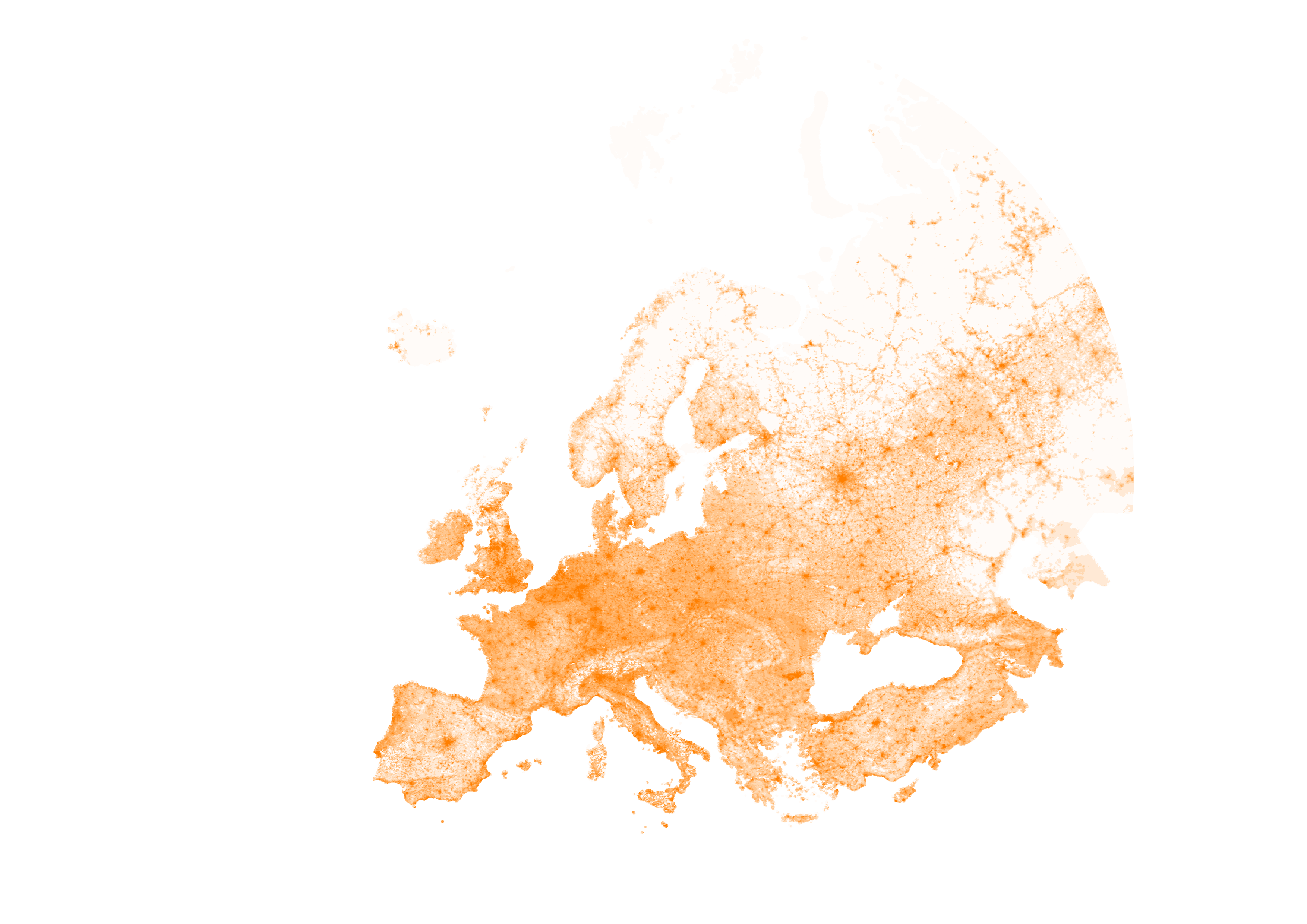 Wordlpop European population density scaled in shards of orange aggregated into hexagons